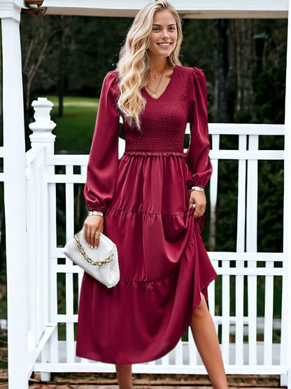 Shirred V Neck Tiered Dress