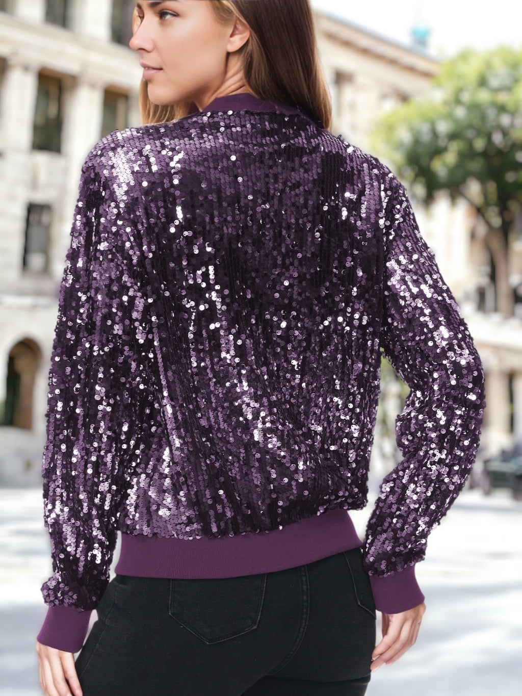 Sequin Bright Color Bomber Zip-Up Solid Jacket