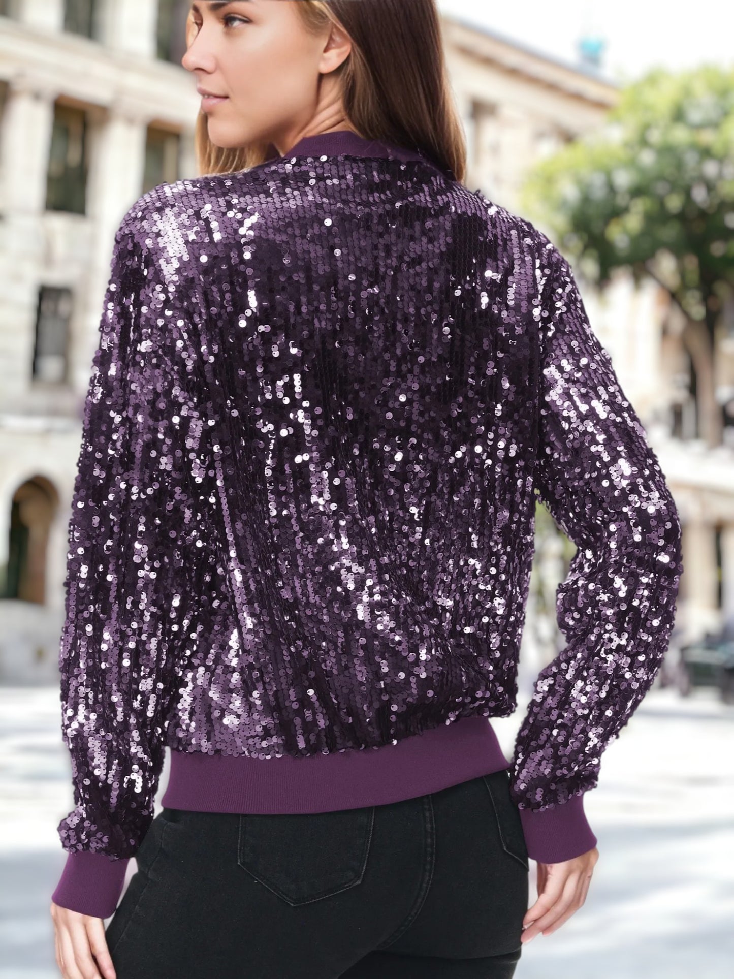 Chaqueta bomber lisa con cremallera y lentejuelas en colores brillantes 