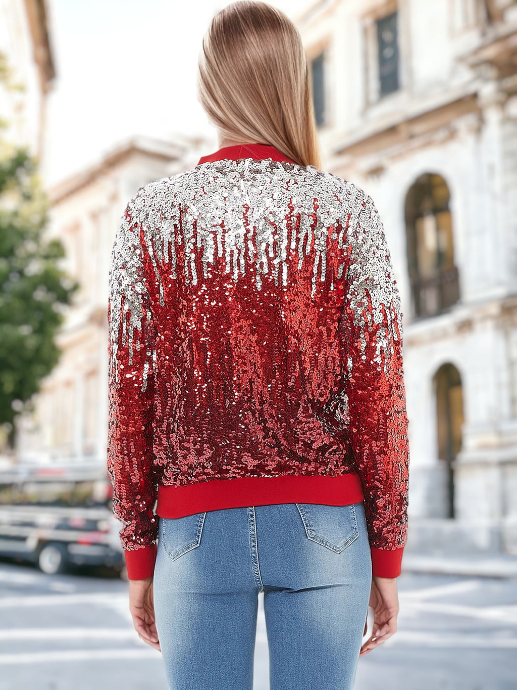 Chaqueta bomber con cremallera y destellos ombré de lentejuelas