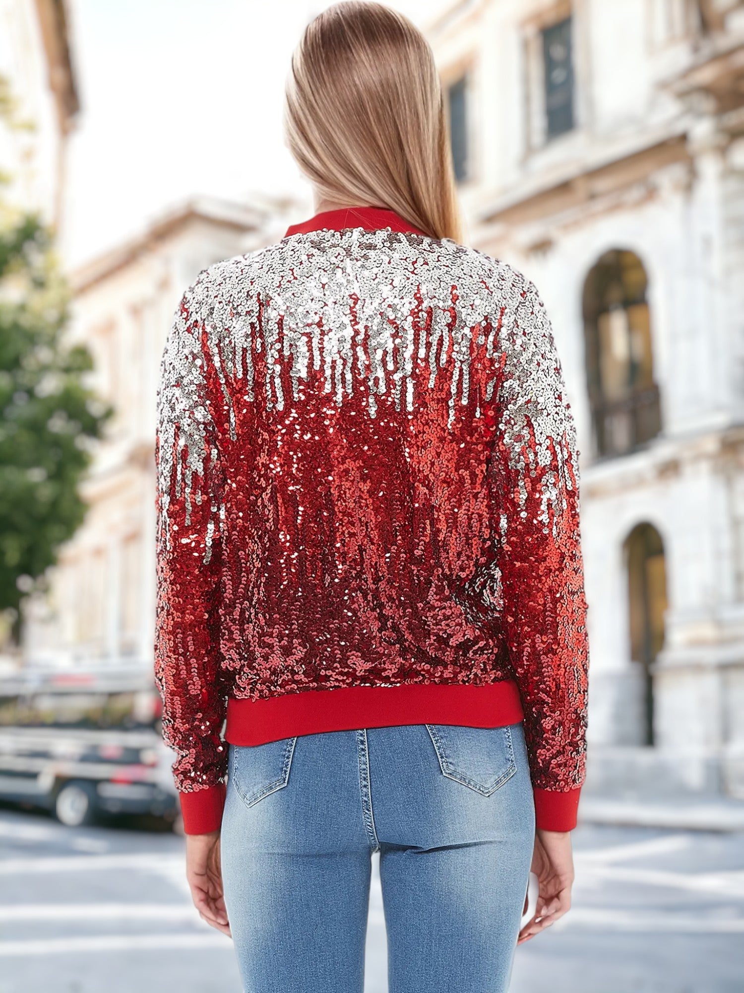 Chaqueta bomber con cremallera y destellos ombré de lentejuelas