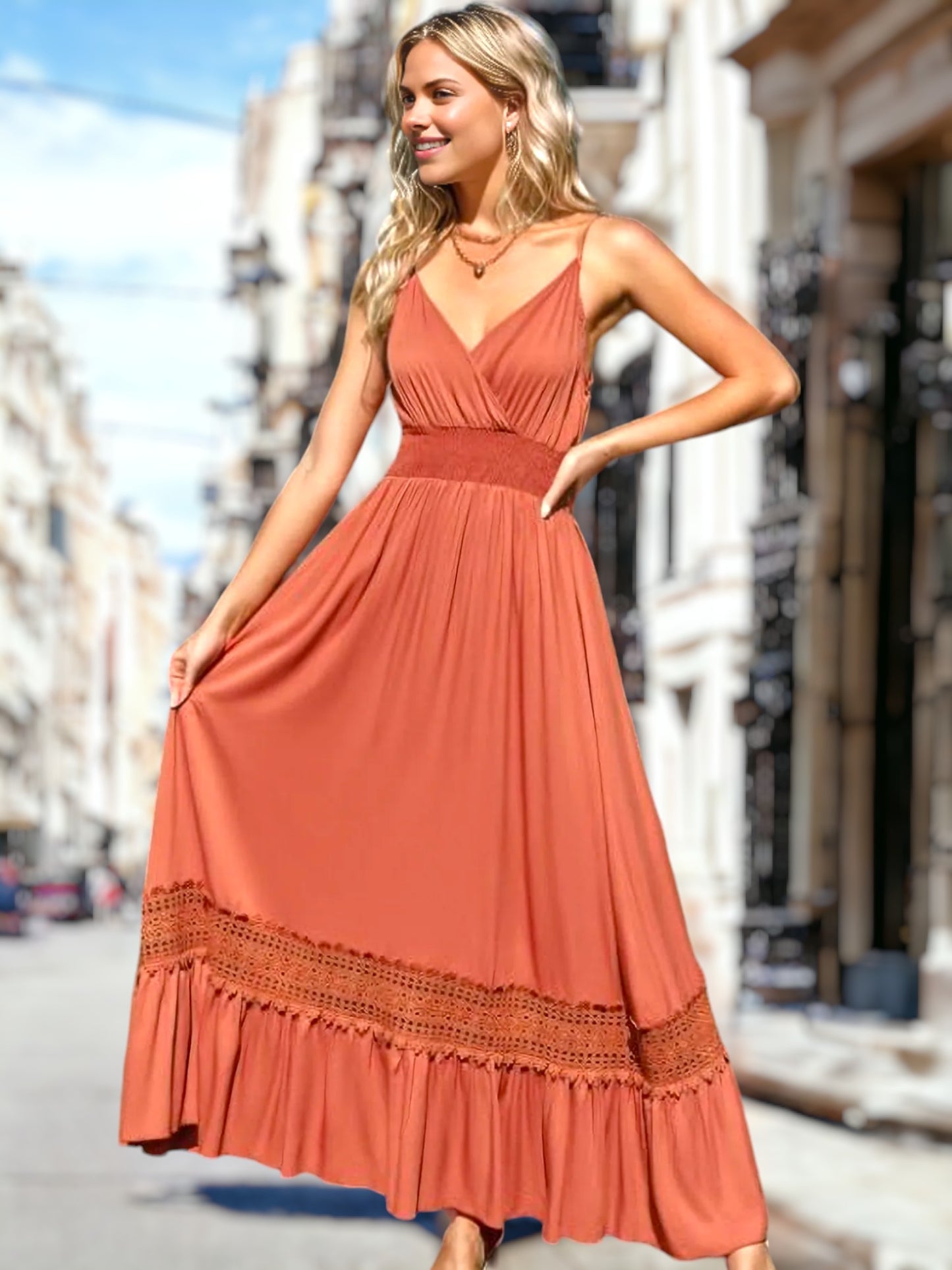 Vestido de encaje de crochet con cintura fruncida 