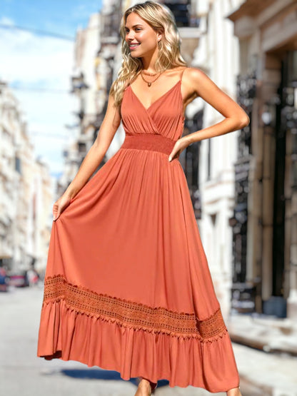 Vestido de encaje de crochet con cintura fruncida 
