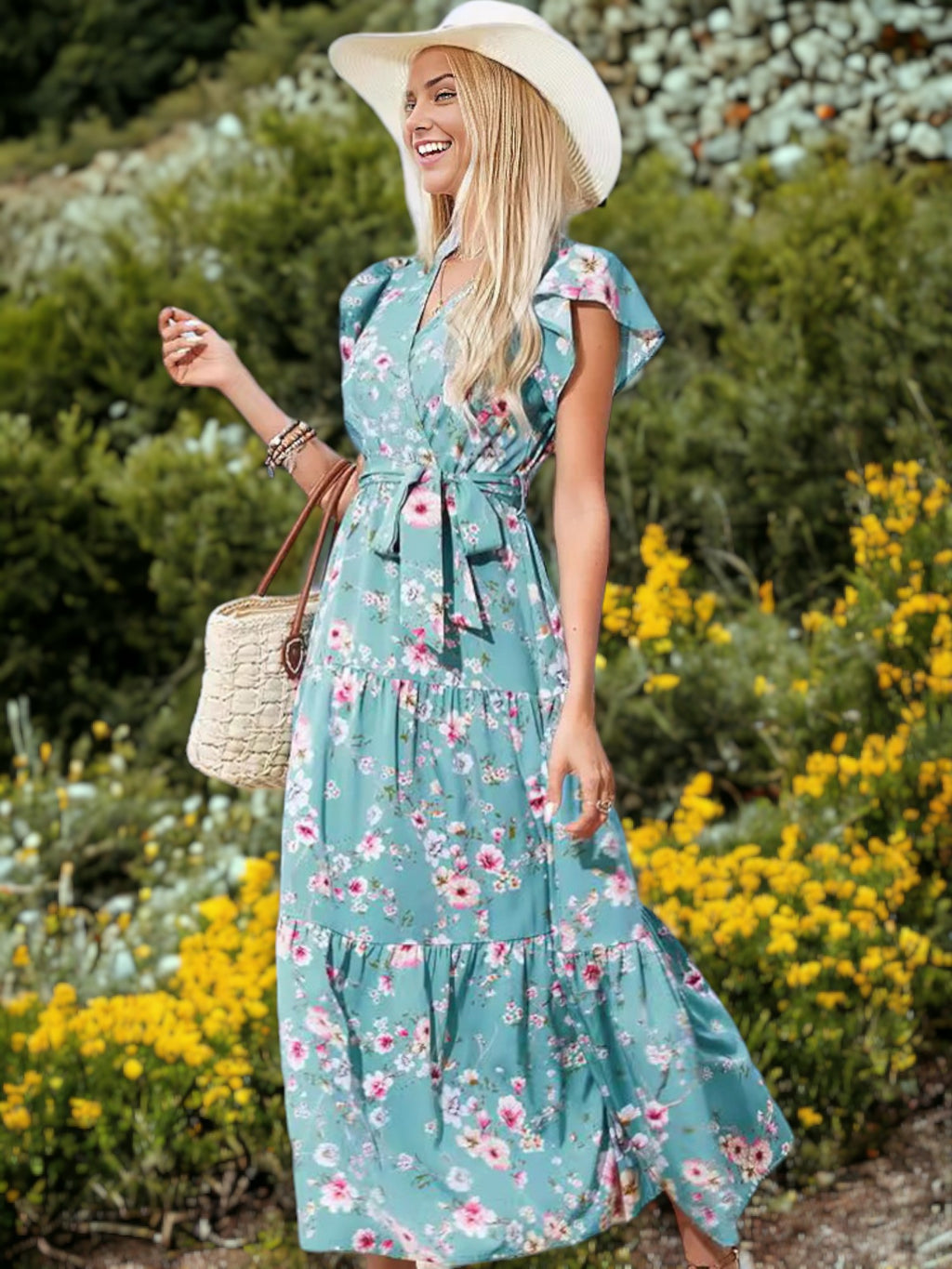 Vestido largo con escote en V, mangas con volantes y lazo en la cintura