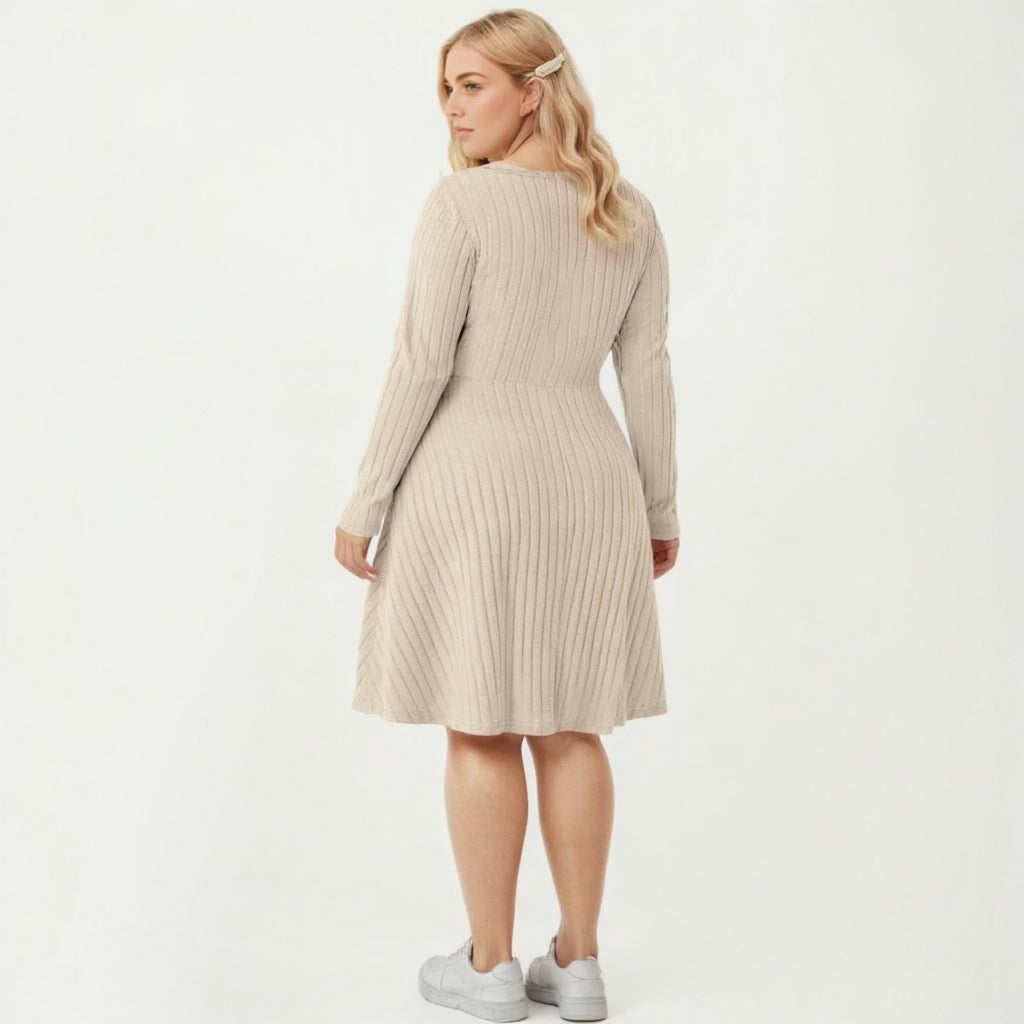 Anna-Kaci Women's Plus Size Long Sleeve Ribbed Knit Dress with Tie Front Detail and Flared Skirt