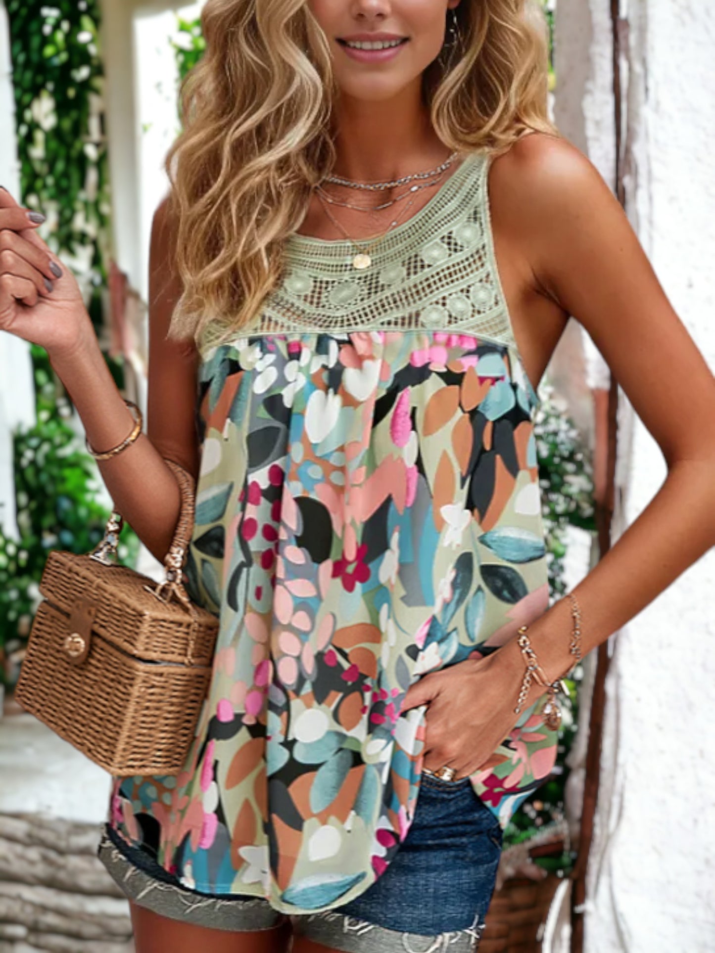 Floral Printed Lace Yolk Sleeveless Tank Blouse