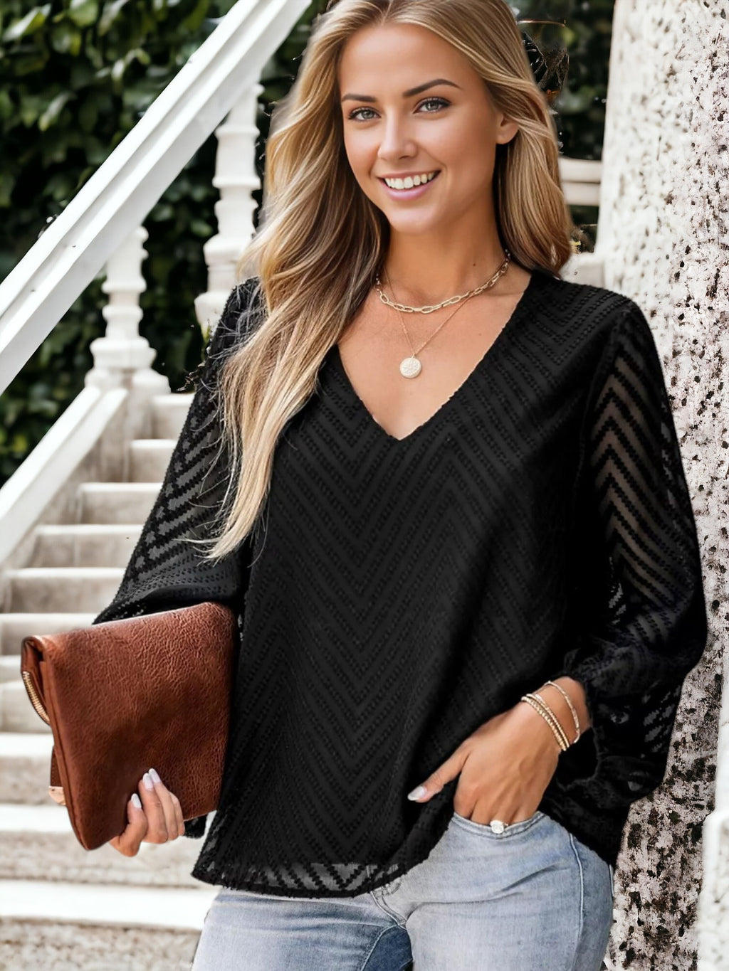 Blusa informal de manga larga con cuello en V y malla tipo farol
