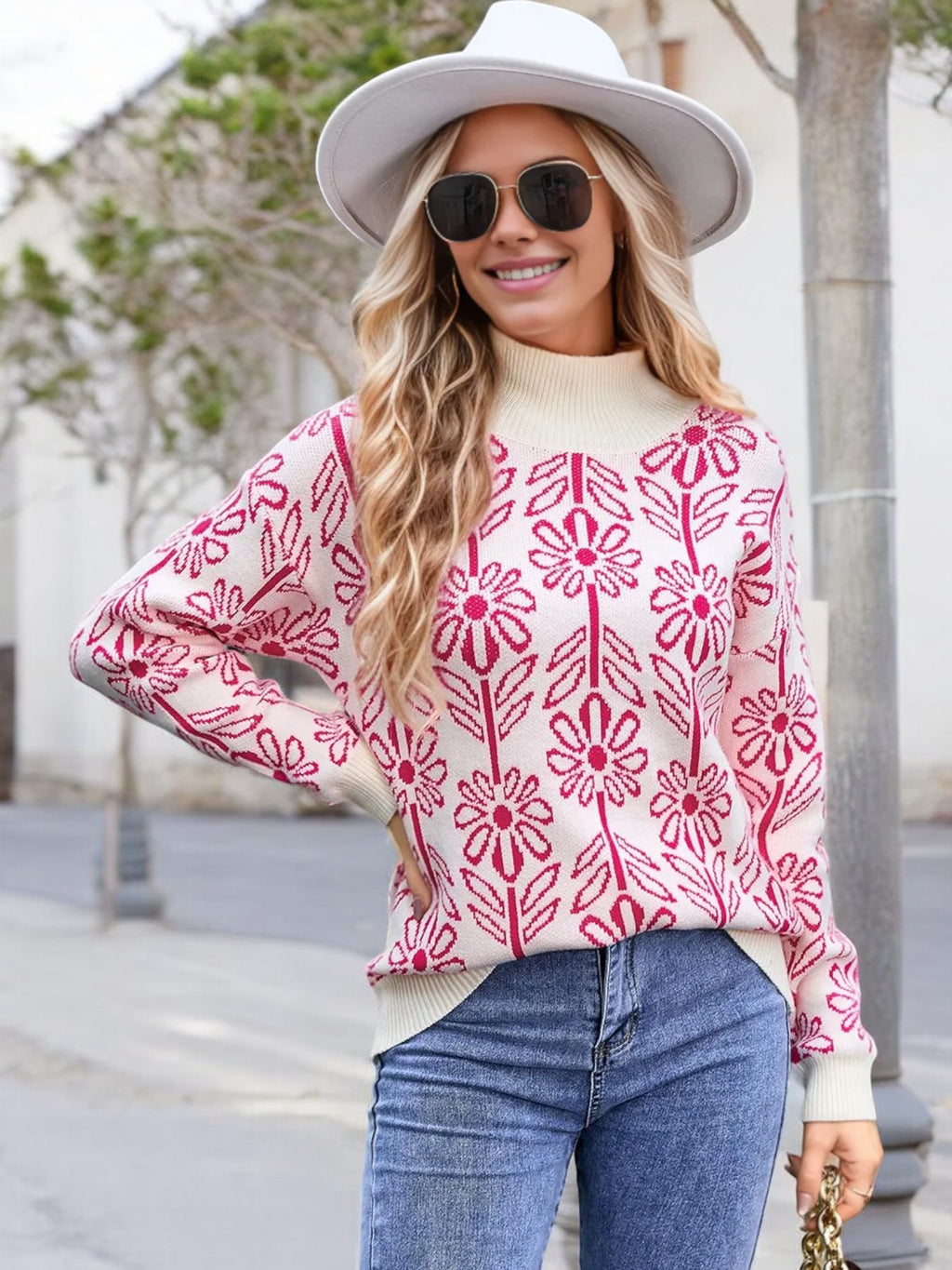 Anna-Kaci Women's Mock Neck Long Sleeve Floral Pattern Knit Sweater