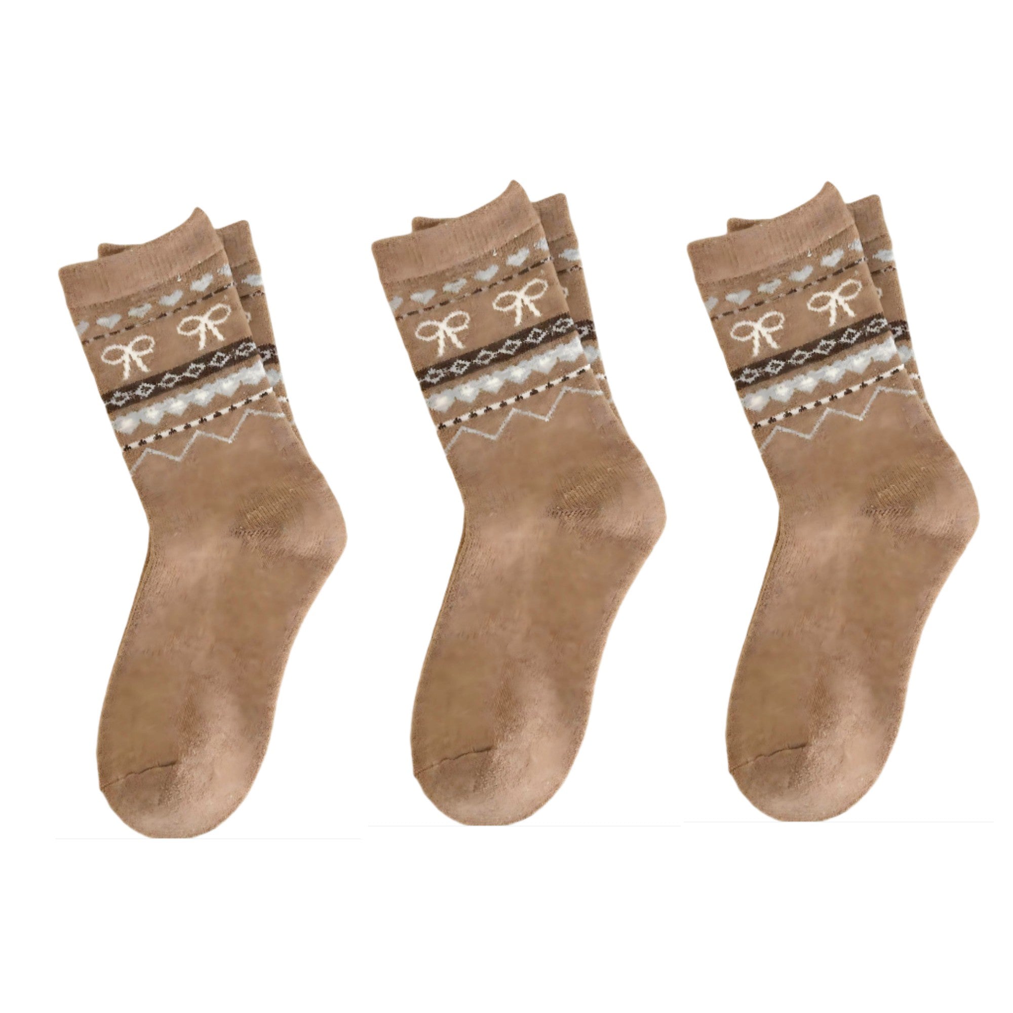 Anna-Kaci Women's 3-Pair Ribbed Knit Crew Socks with Bow and Nordic Pattern Detail