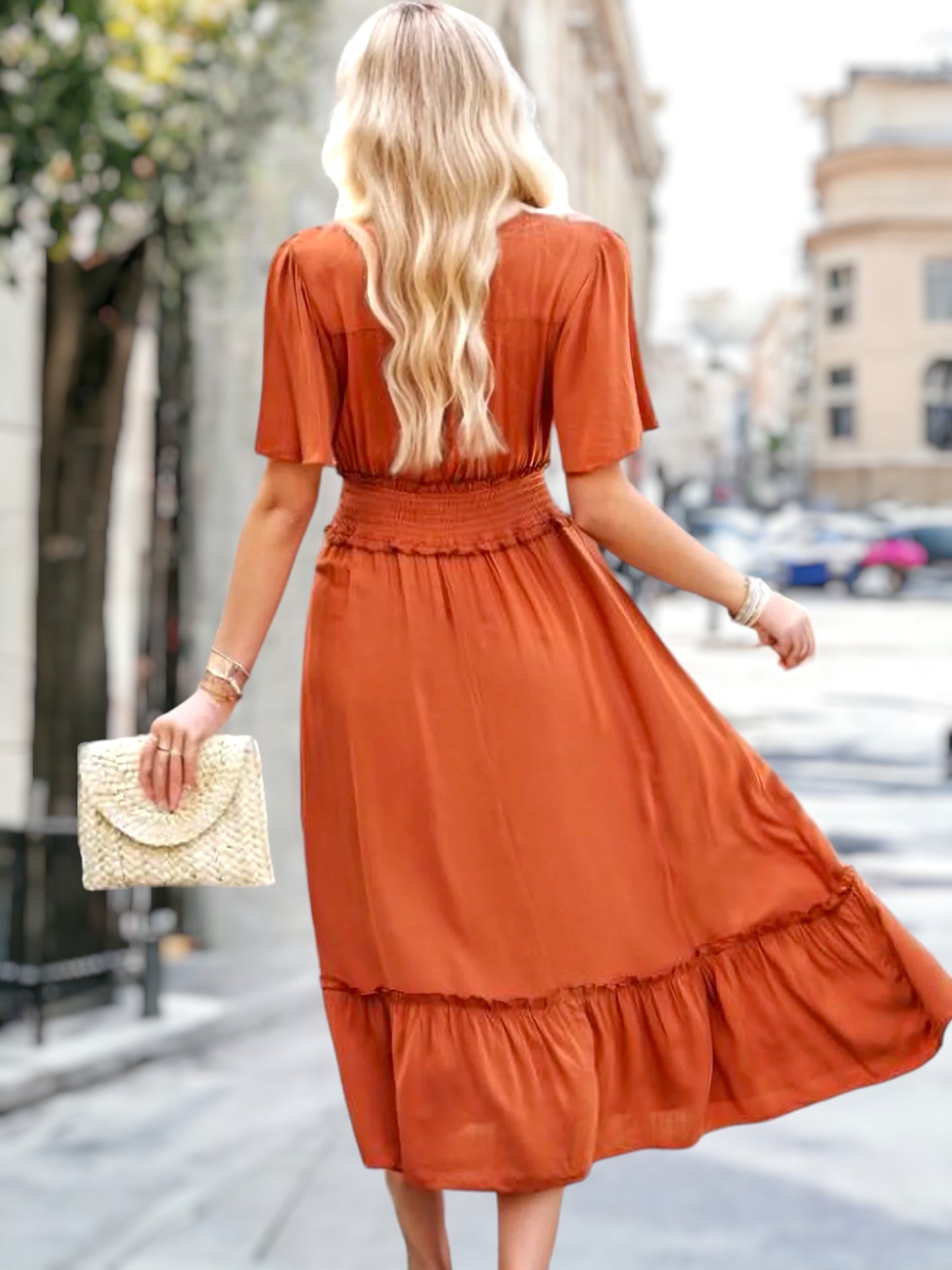 Shirred Waist Ruffle Hem Dress