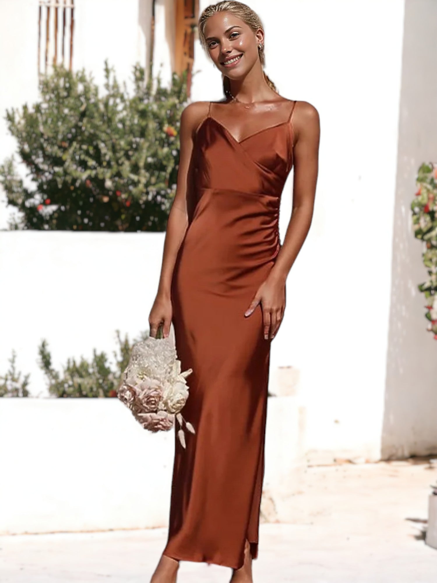 Thin Strapped V-Neck Cocktail Satin Slim Fit Dress – Anna-Kaci