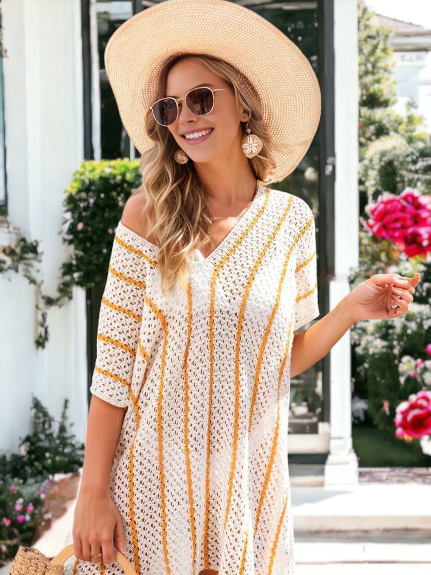 Knitted Bikini Stripe Dolman Beach Cover Up
