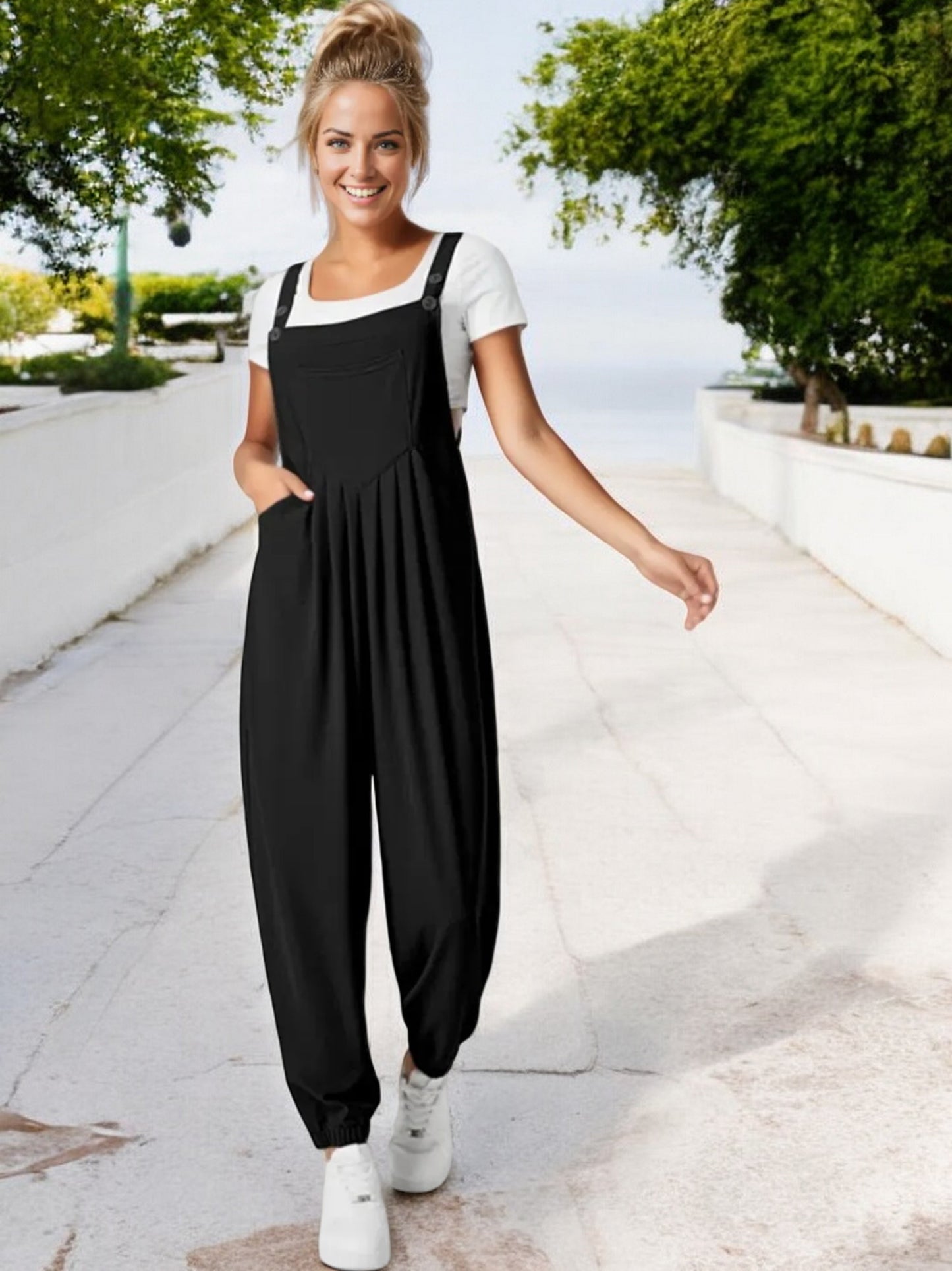 Anna-Kaci Women's Adjustable Strap Pleated Jumpsuit with Elastic Ankle Cuffs