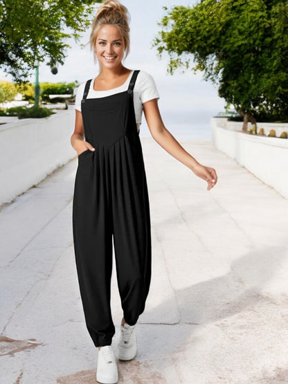 Anna-Kaci Women's Adjustable Strap Pleated Jumpsuit with Elastic Ankle Cuffs
