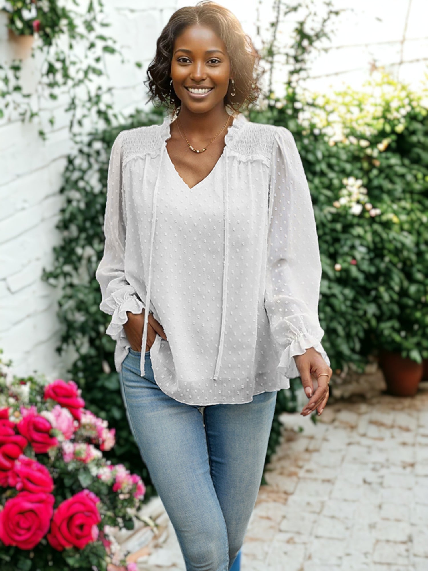 Ruffle Tie Neck Swiss Dot Blouse