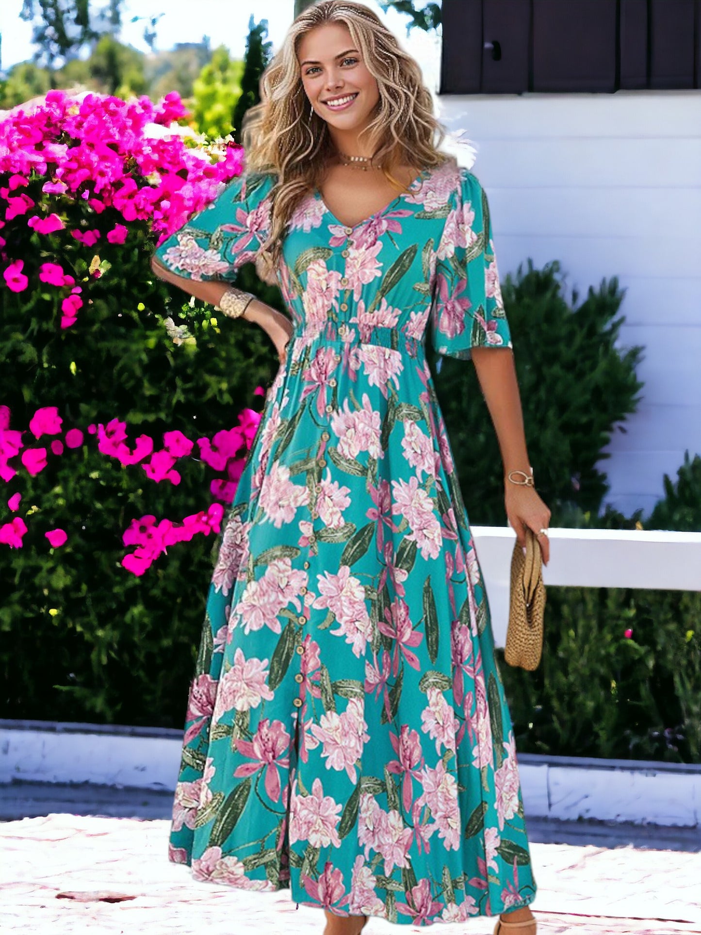 Vestido largo con estampado floral, detalles de botones y mangas medianas