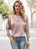Anna-Kaci Women's Satin Blouse with Smocked Cuffs and Round Neck