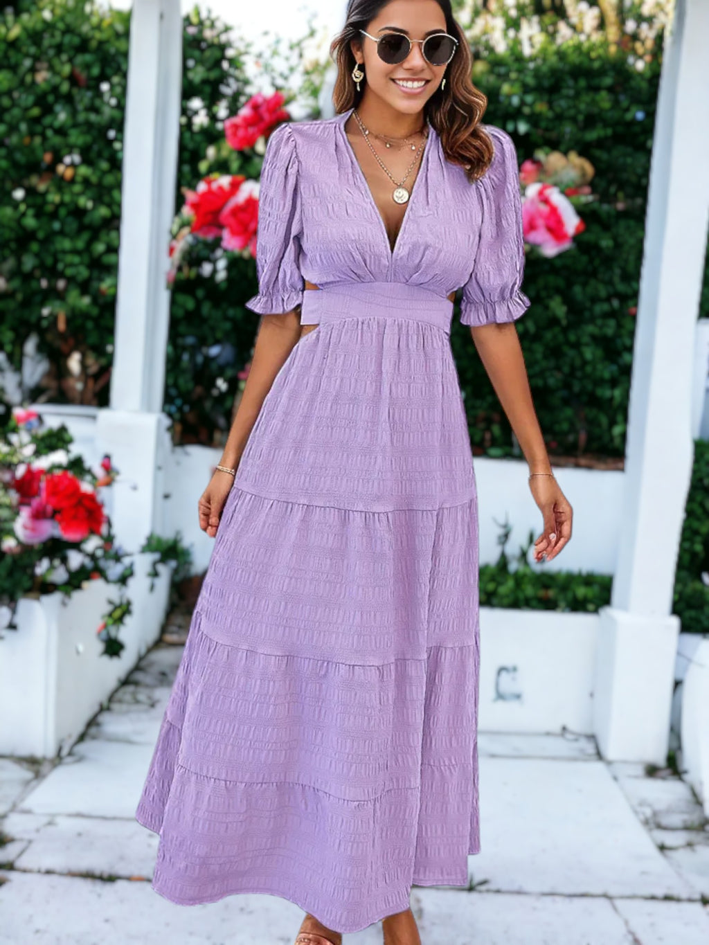 Solid Color V-Neck Textured Puffed Sleeve Maxi Dress