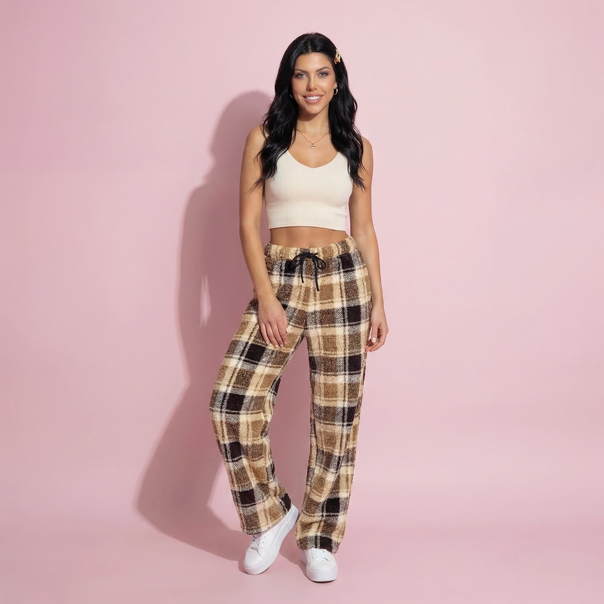 Anna-Kaci Women's Plaid Wide Leg Drawstring Lounge Pants with Elastic Waistband and Relaxed Fit