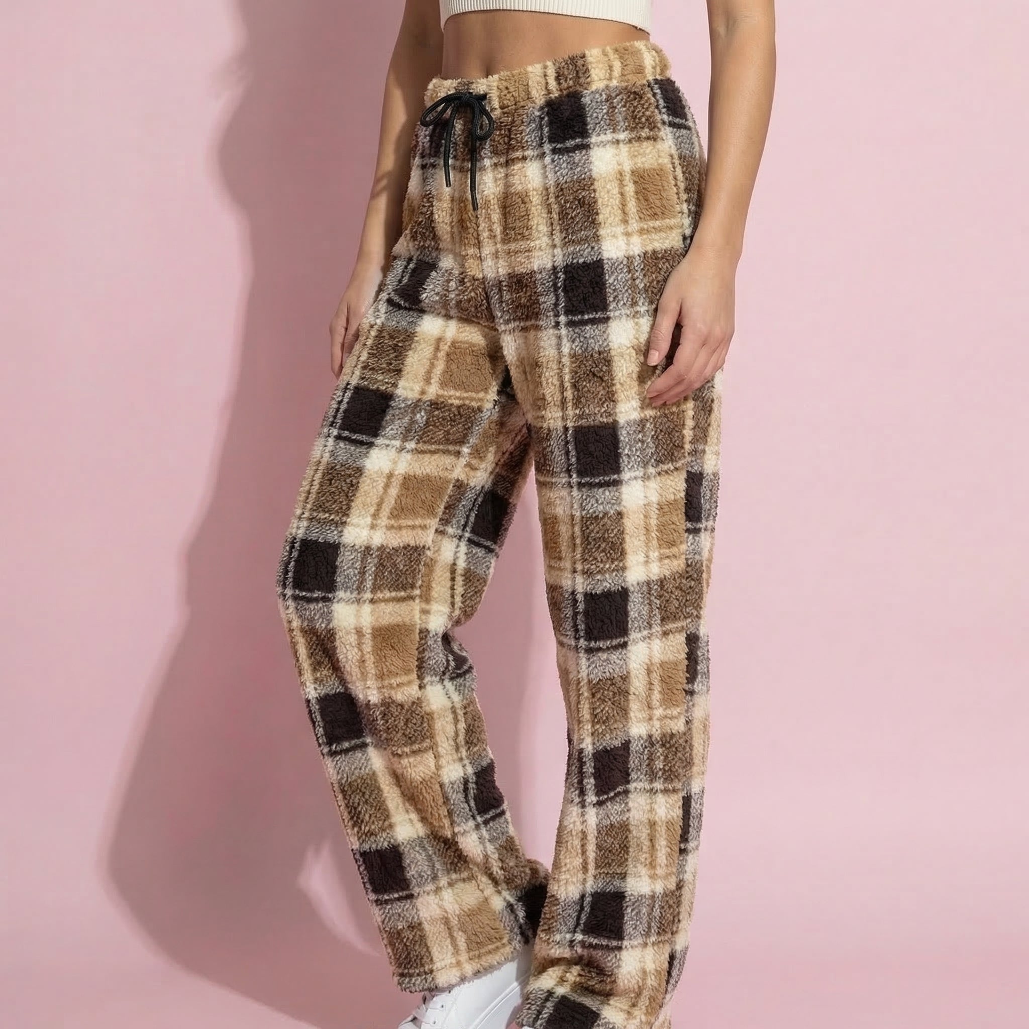 Anna-Kaci Women's Plaid Wide Leg Drawstring Lounge Pants with Elastic Waistband and Relaxed Fit