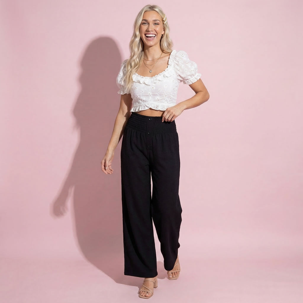 Anna-Kaci Women's Soft Textured Knit Lounge Pants with Wide Leg Silhouette and Stretch High Waistband Featuring Decorative Button Front Detail