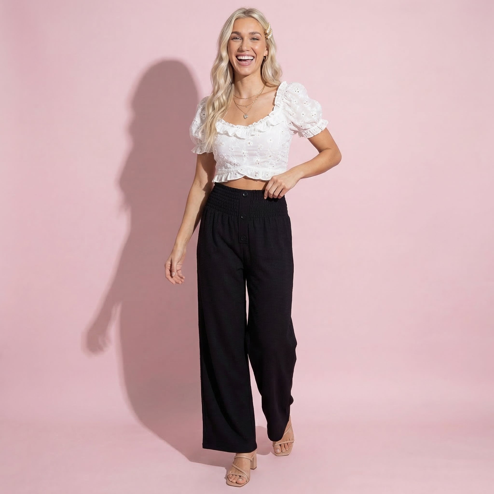 Anna-Kaci Women's Soft Textured Knit Lounge Pants with Wide Leg Silhouette and Stretch High Waistband Featuring Decorative Button Front Detail