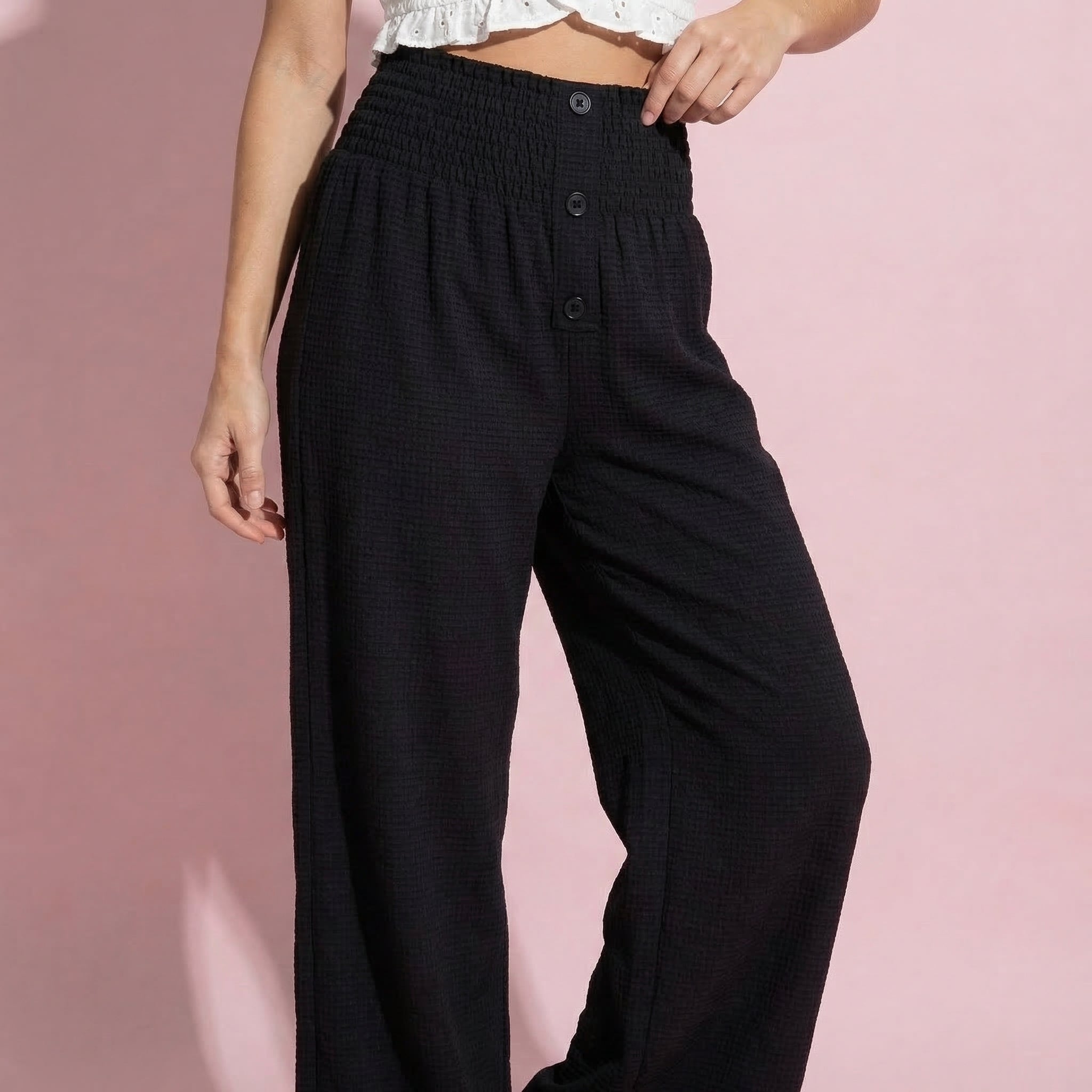 Anna-Kaci Women's Soft Textured Knit Lounge Pants with Wide Leg Silhouette and Stretch High Waistband Featuring Decorative Button Front Detail