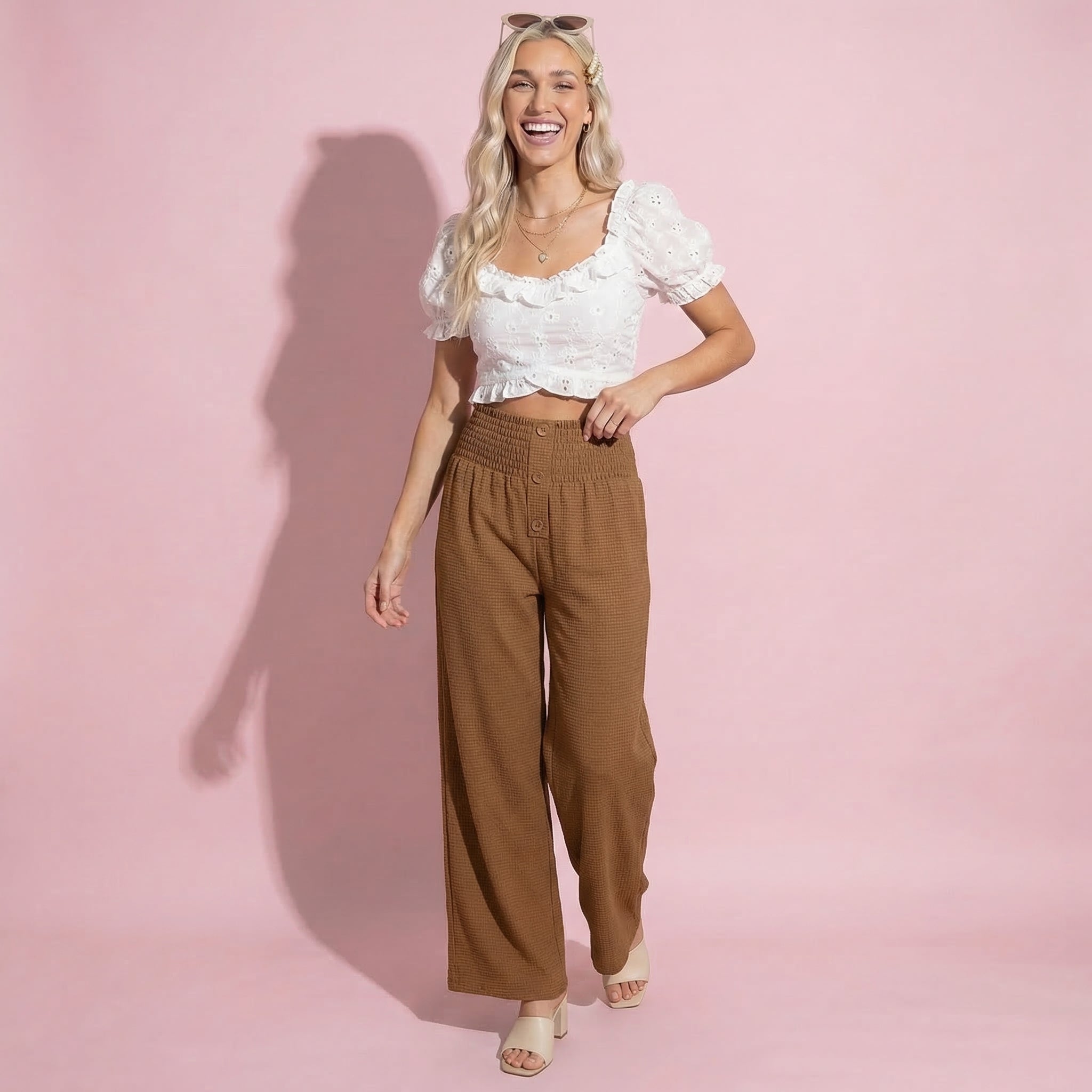 Anna-Kaci Women's Soft Textured Knit Lounge Pants with Wide Leg Silhouette and Stretch High Waistband Featuring Decorative Button Front Detail