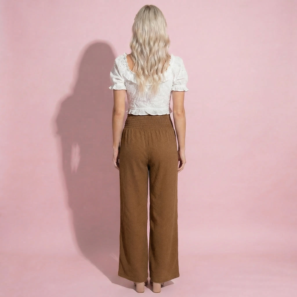 Anna-Kaci Women's Soft Textured Knit Lounge Pants with Wide Leg Silhouette and Stretch High Waistband Featuring Decorative Button Front Detail