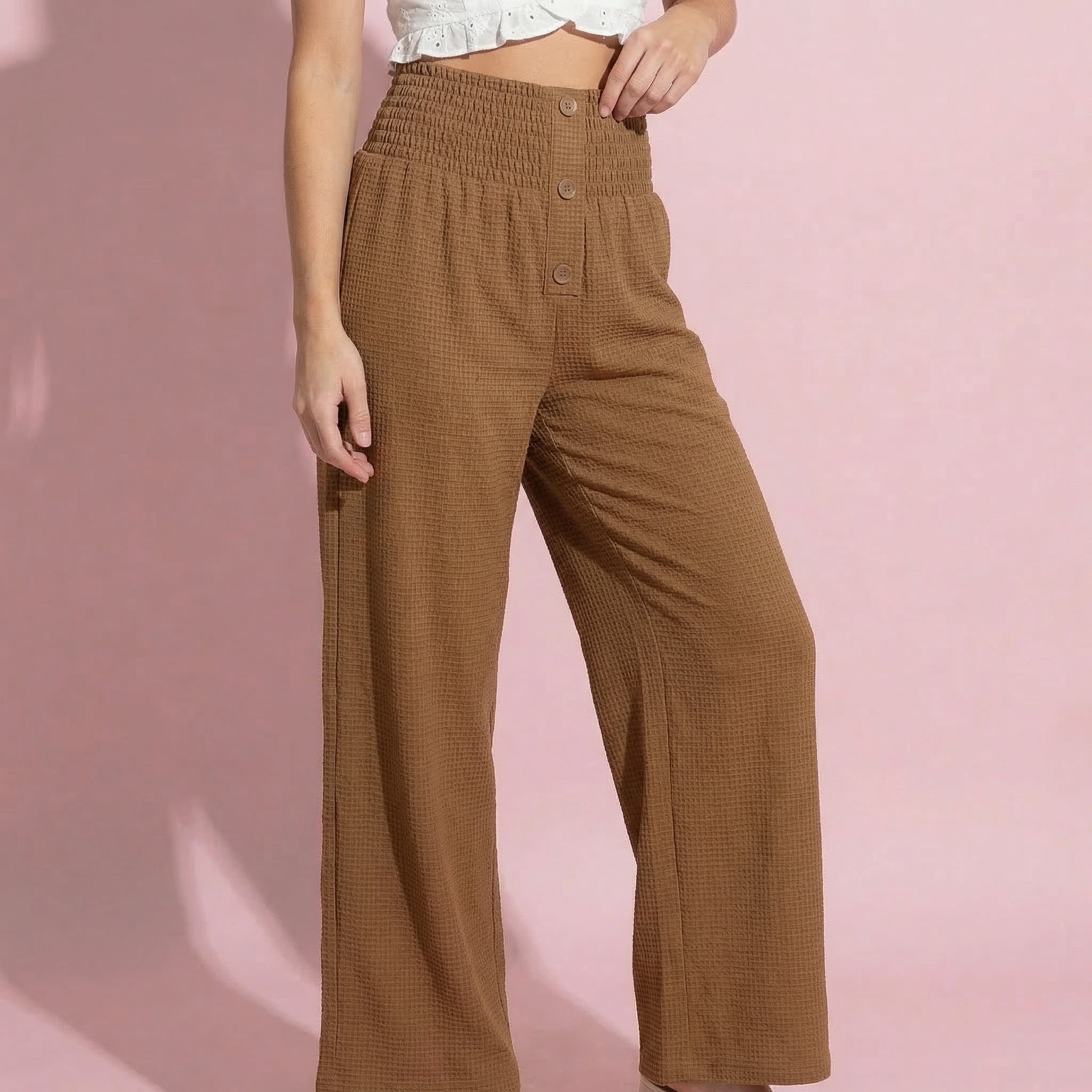 Anna-Kaci Women's Soft Textured Knit Lounge Pants with Wide Leg Silhouette and Stretch High Waistband Featuring Decorative Button Front Detail