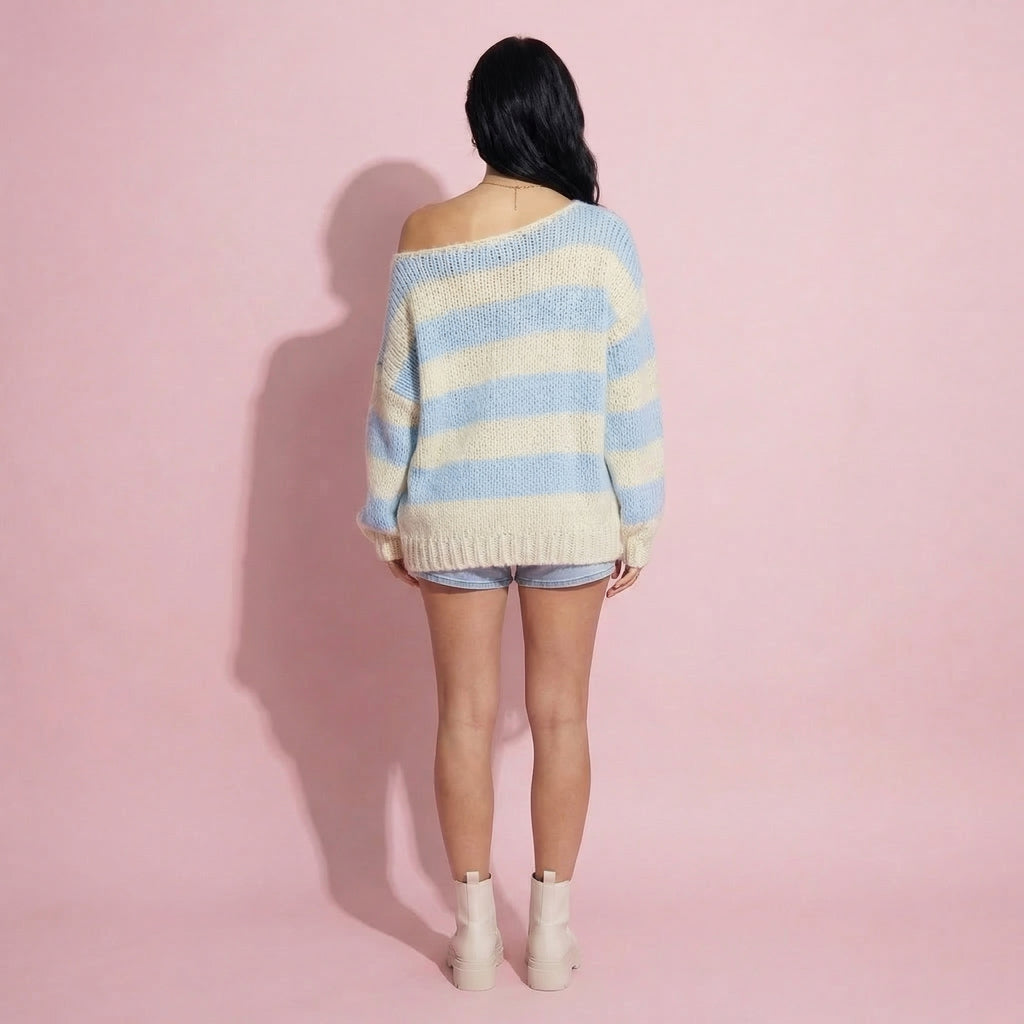 Anna-Kaci Women's Oversized Striped Knit Sweater with Soft Chunky Texture Slouchy Off-Shoulder Fit and Drop-Sleeve Silhouette