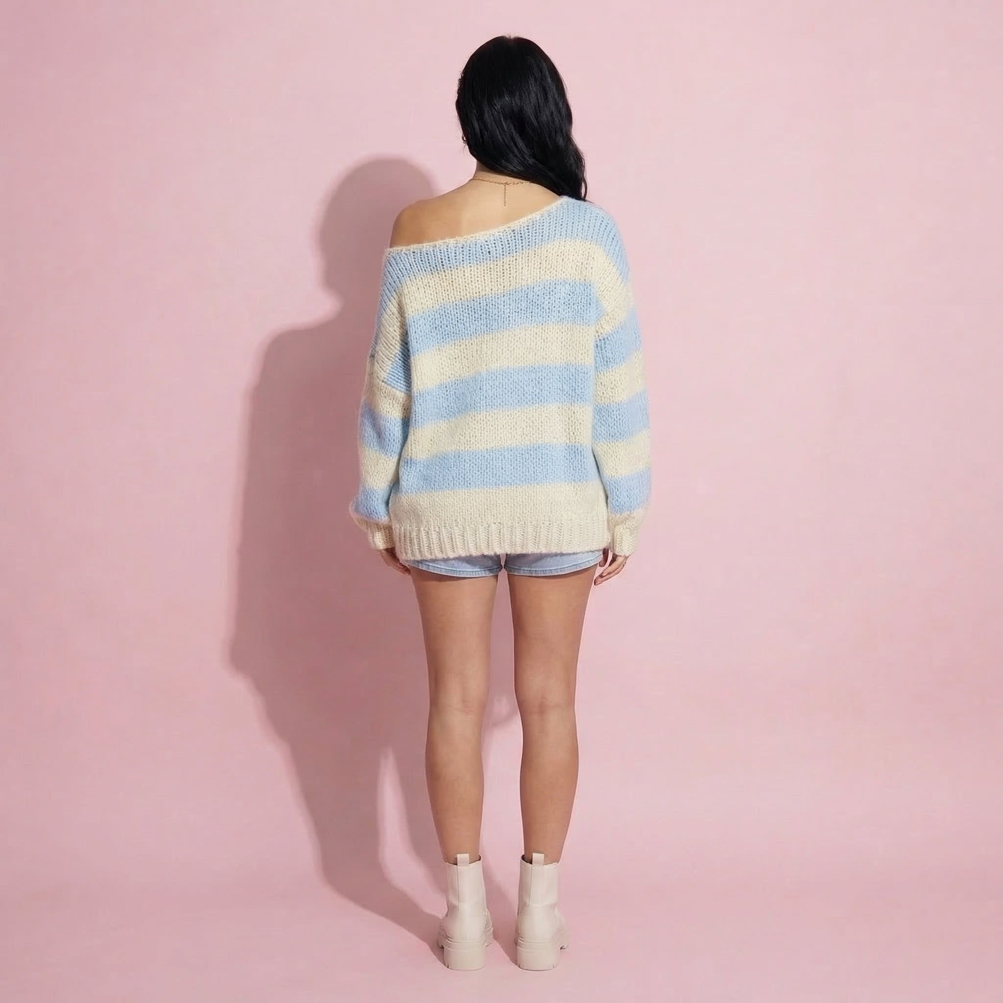 Anna-Kaci Women's Oversized Striped Knit Sweater with Soft Chunky Texture Slouchy Off-Shoulder Fit and Drop-Sleeve Silhouette