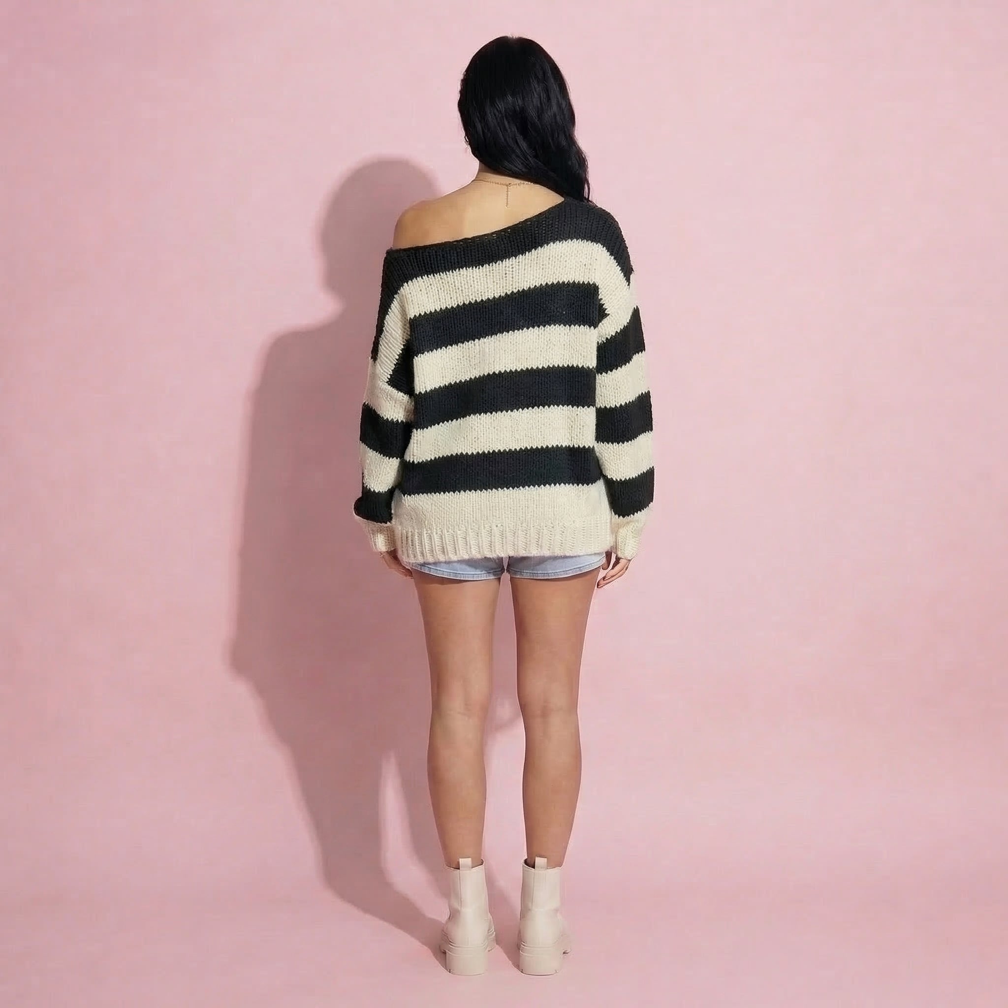 Anna-Kaci Women's Oversized Striped Knit Sweater with Soft Chunky Texture Slouchy Off-Shoulder Fit and Drop-Sleeve Silhouette