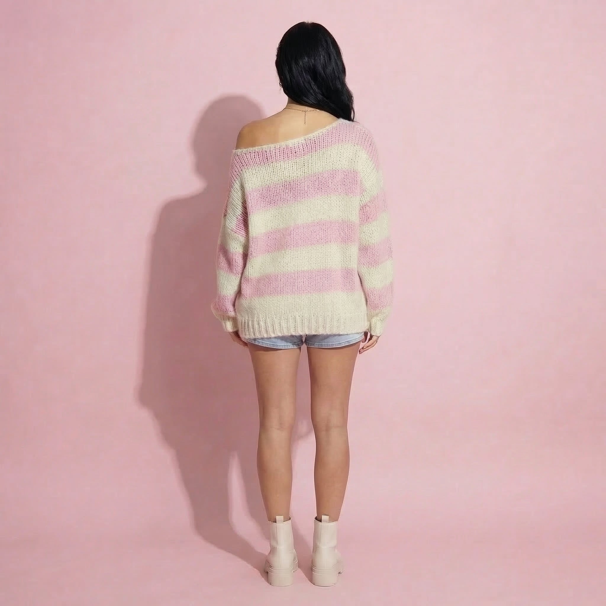 Anna-Kaci Women's Oversized Striped Knit Sweater with Soft Chunky Texture Slouchy Off-Shoulder Fit and Drop-Sleeve Silhouette