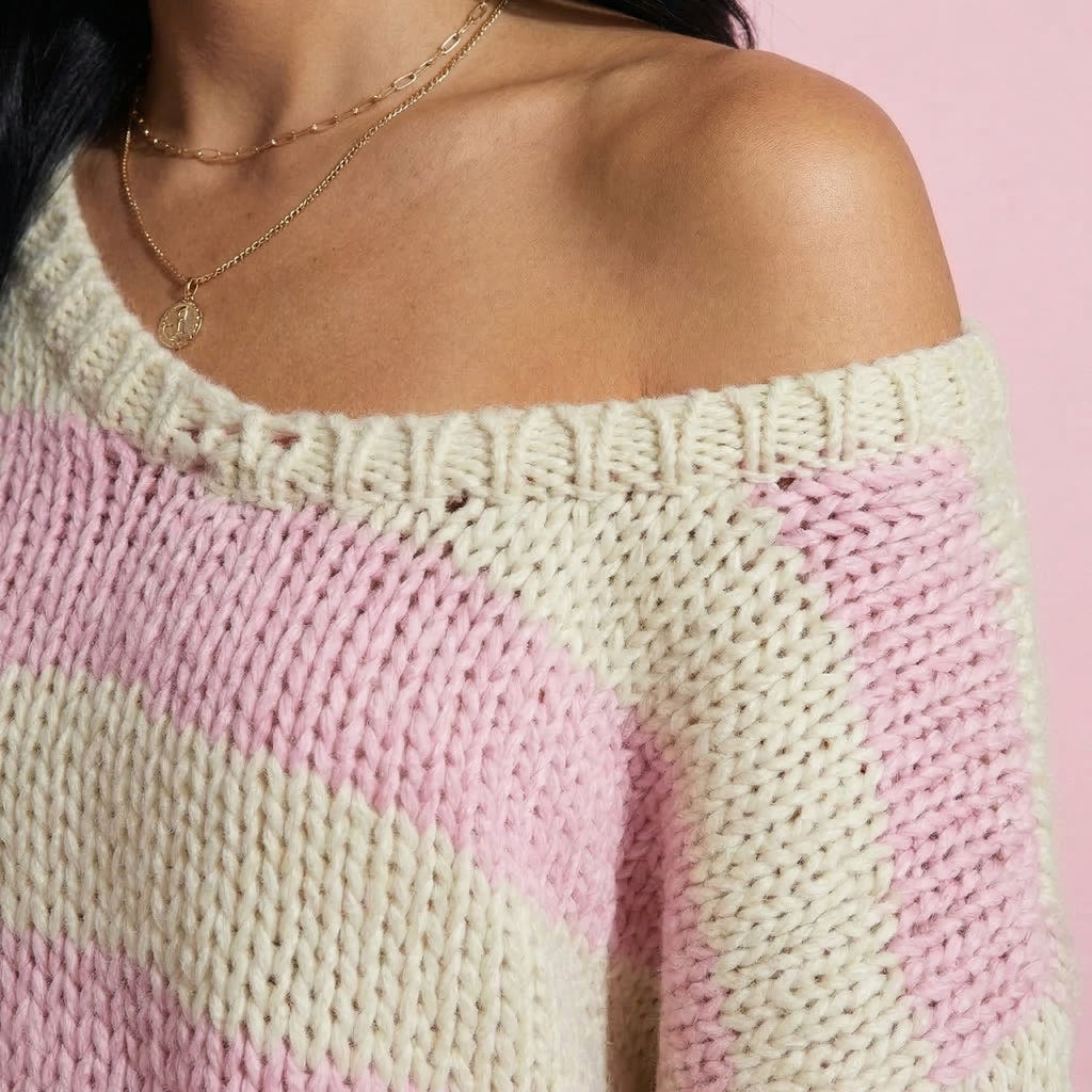 Anna-Kaci Women's Oversized Striped Knit Sweater with Soft Chunky Texture Slouchy Off-Shoulder Fit and Drop-Sleeve Silhouette