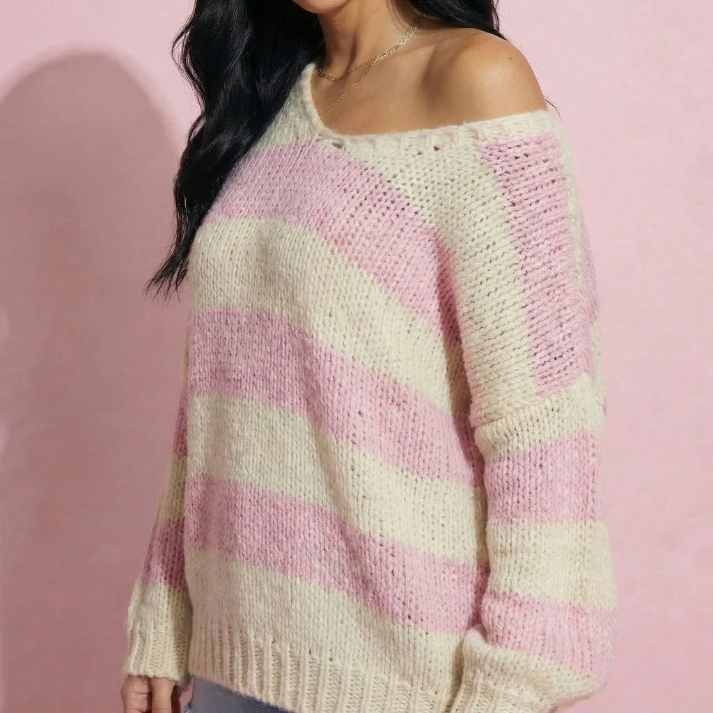 Anna-Kaci Women's Oversized Striped Knit Sweater with Soft Chunky Texture Slouchy Off-Shoulder Fit and Drop-Sleeve Silhouette