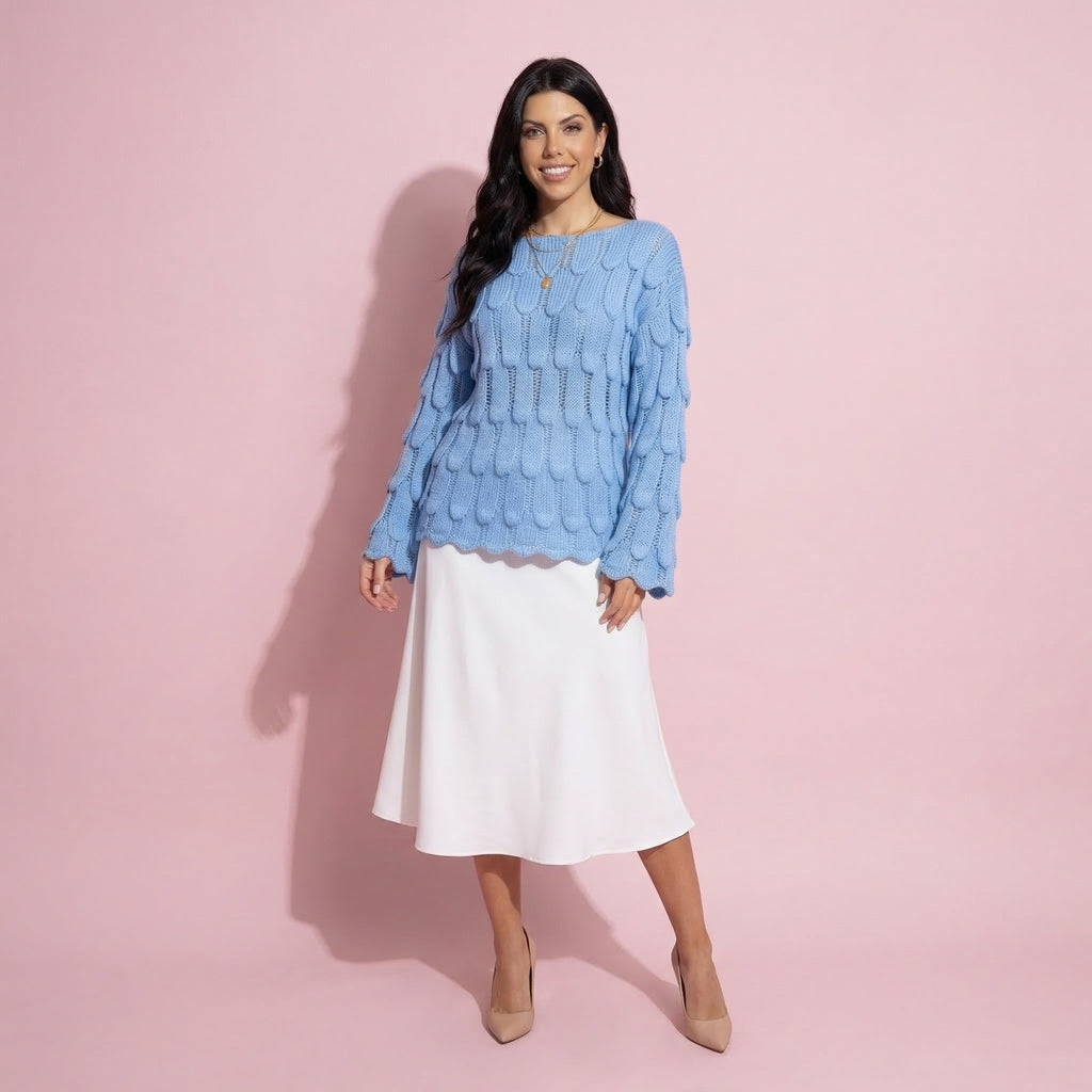 Anna-Kaci Women¡¯s Textured Loop Knit Sweater Top with Soft Open-Stitch Pattern Long Flared Sleeves and Cozy Statement Design