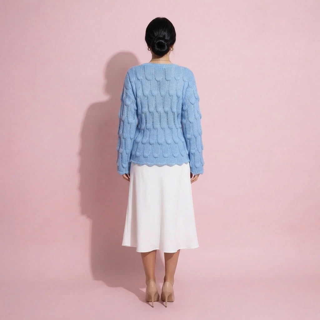 Anna-Kaci Women¡¯s Textured Loop Knit Sweater Top with Soft Open-Stitch Pattern Long Flared Sleeves and Cozy Statement Design