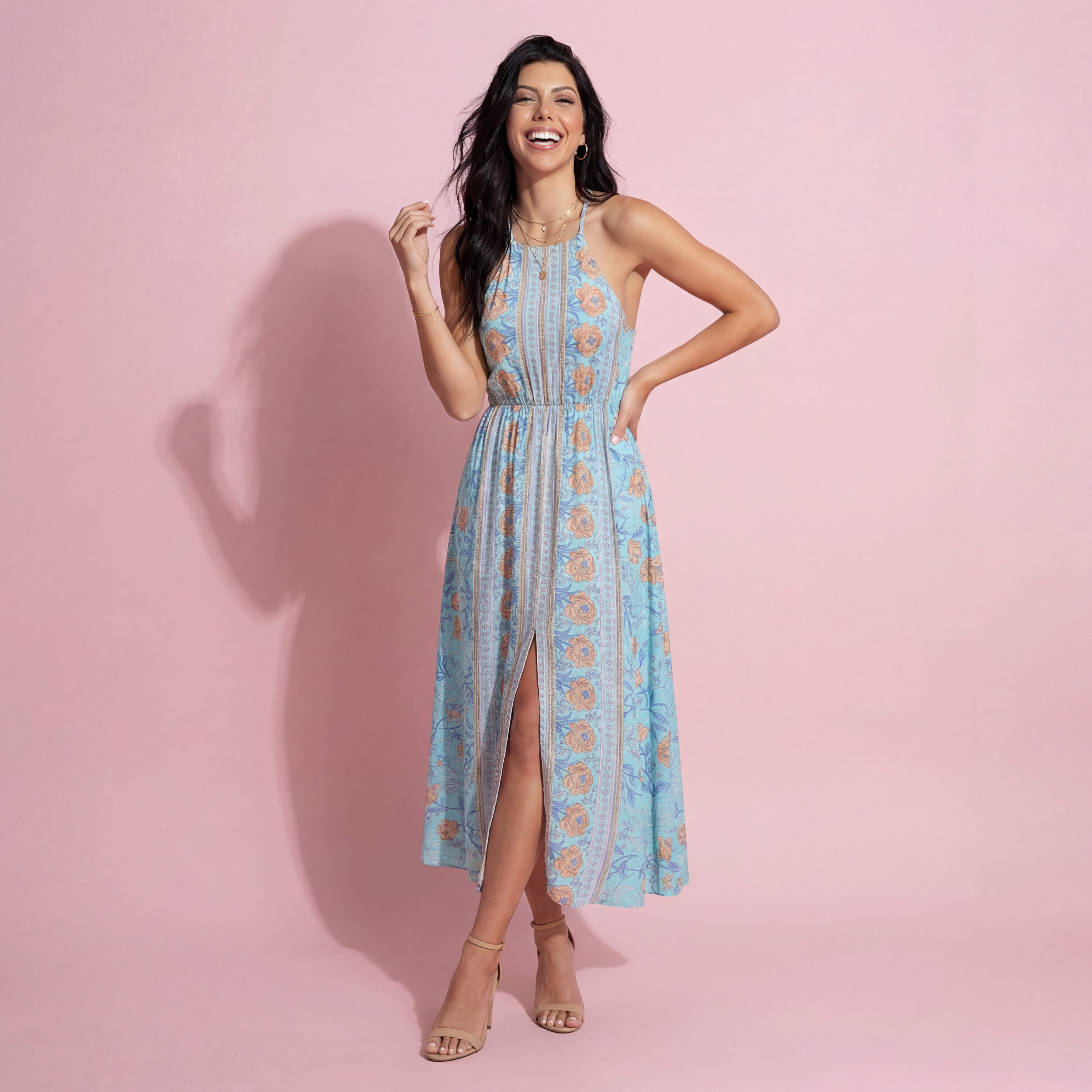 Halter Neck Backless Floral Dress