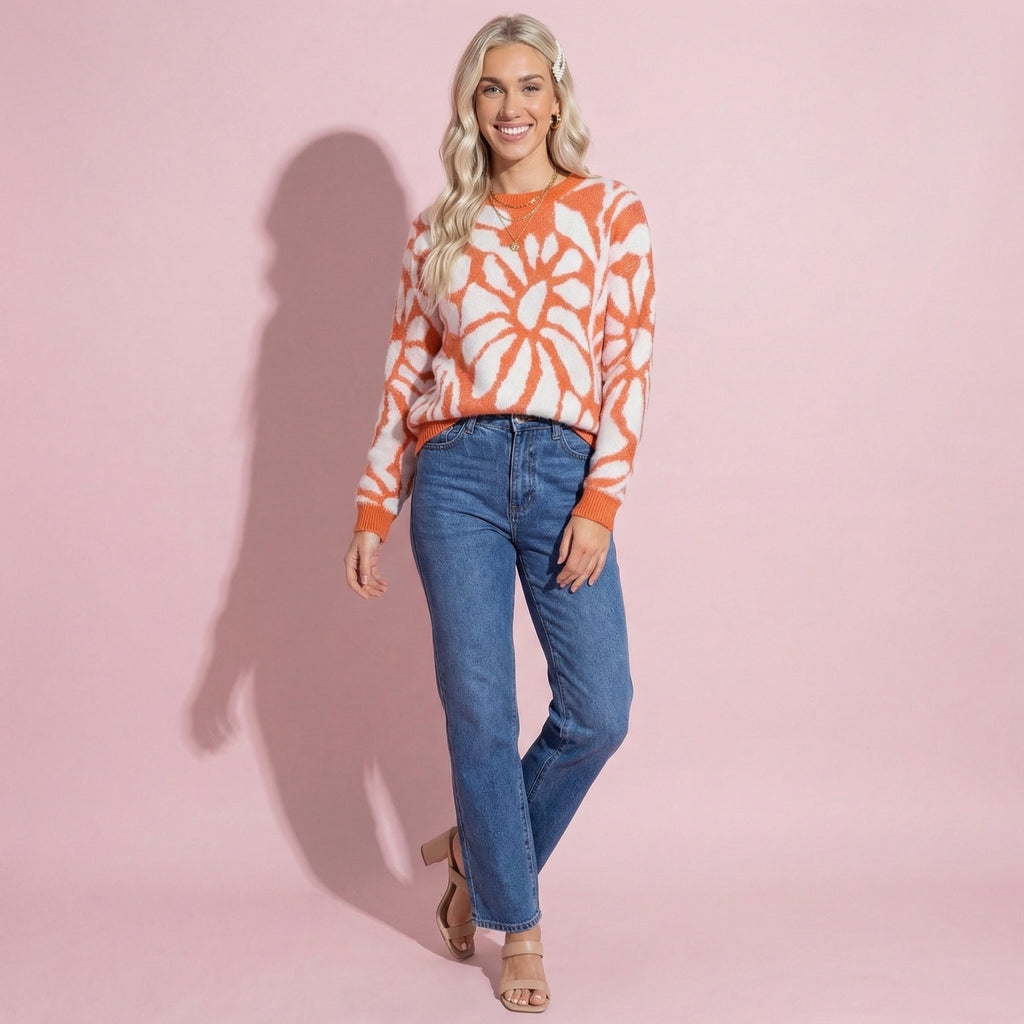 Anna-Kaci Women's Bold Abstract Floral Pattern Knit Sweater with Soft Textured Feel Ribbed Crew Neckline and Relaxed Silhouette