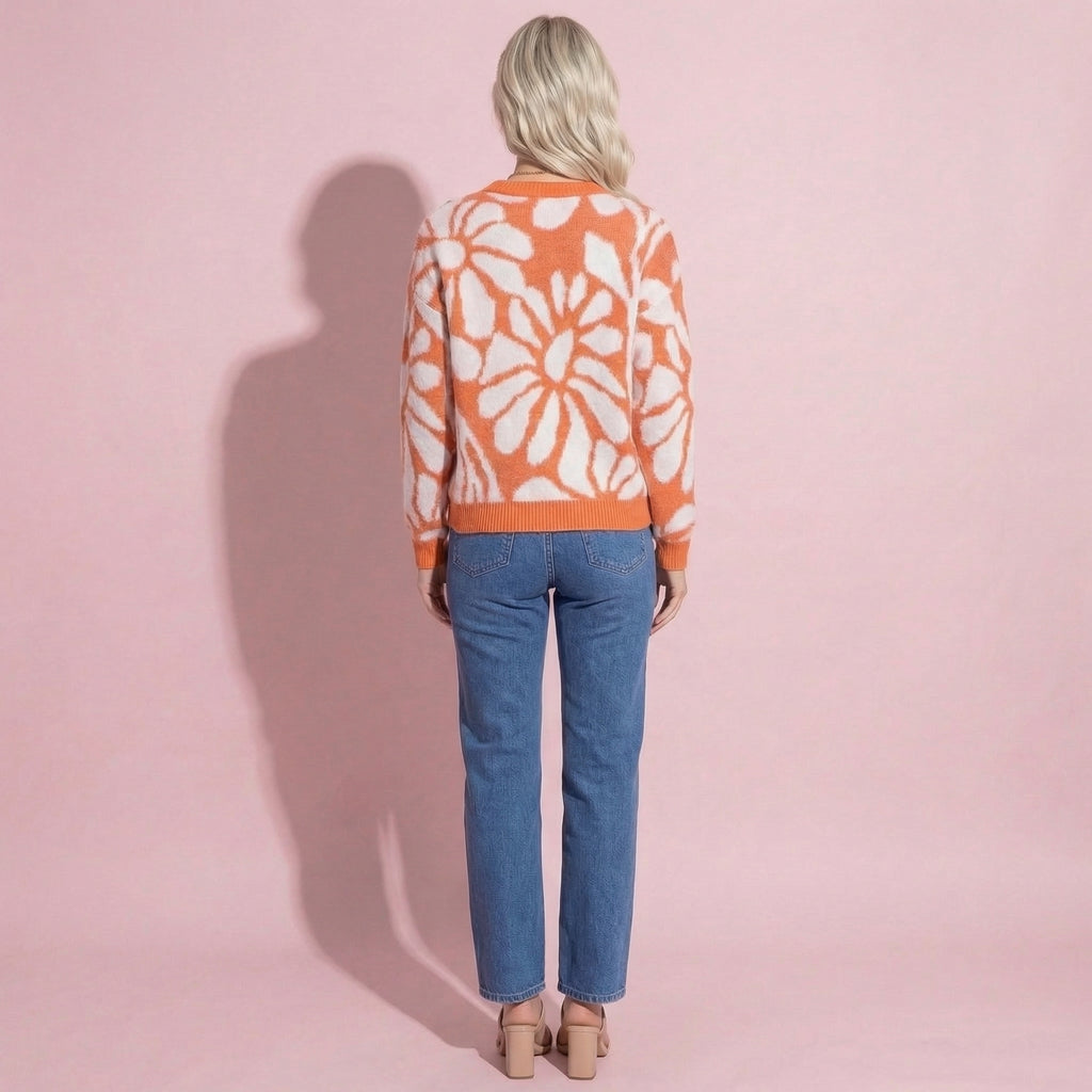 Anna-Kaci Women's Bold Abstract Floral Pattern Knit Sweater with Soft Textured Feel Ribbed Crew Neckline and Relaxed Silhouette