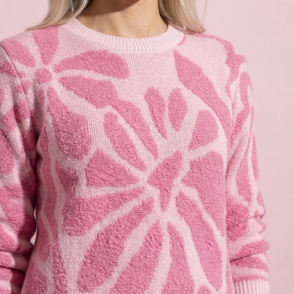 Anna-Kaci Women's Bold Abstract Floral Pattern Knit Sweater with Soft Textured Feel Ribbed Crew Neckline and Relaxed Silhouette