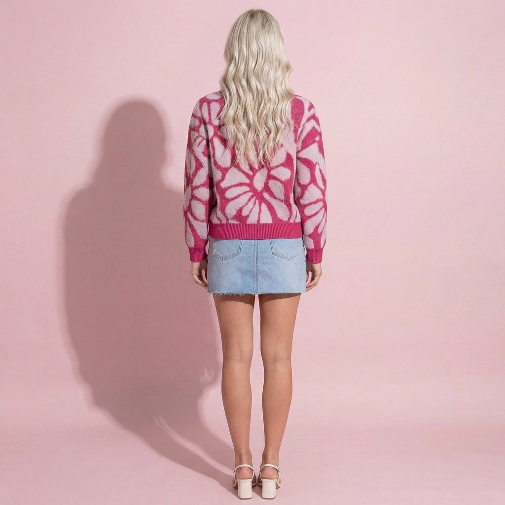 Anna-Kaci Women's Bold Abstract Floral Pattern Knit Sweater with Soft Textured Feel Ribbed Crew Neckline and Relaxed Silhouette