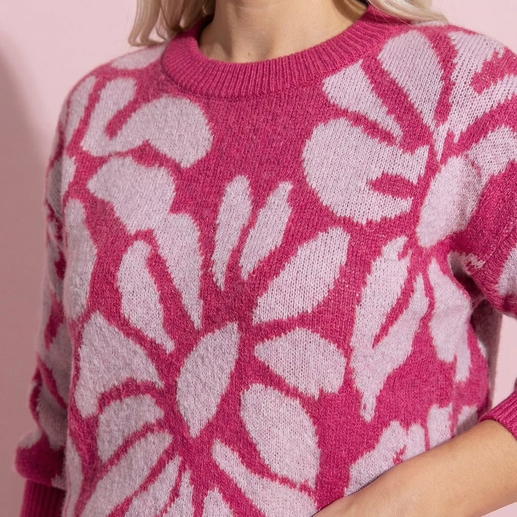 Anna-Kaci Women's Bold Abstract Floral Pattern Knit Sweater with Soft Textured Feel Ribbed Crew Neckline and Relaxed Silhouette