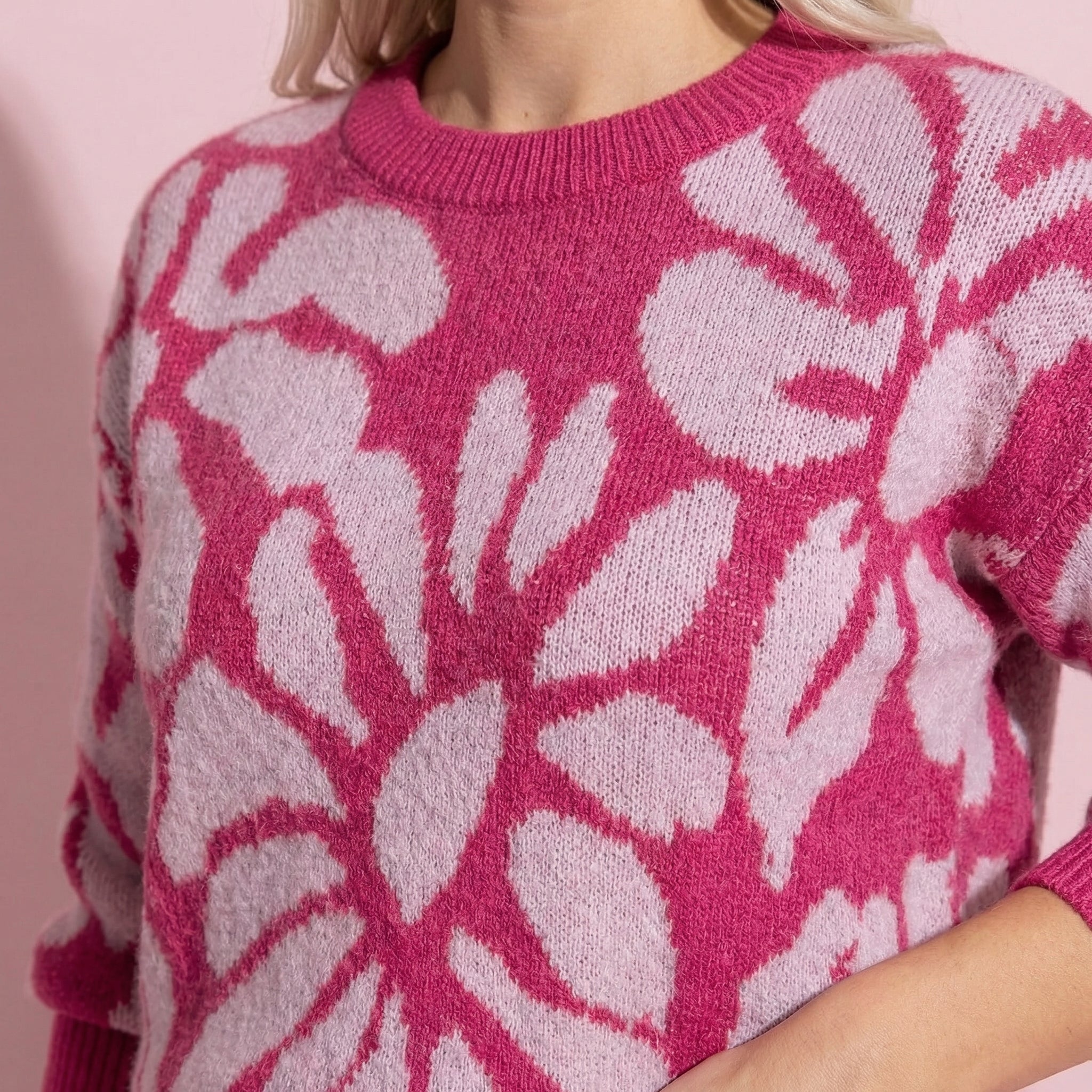 Anna-Kaci Women's Bold Abstract Floral Pattern Knit Sweater with Soft Textured Feel Ribbed Crew Neckline and Relaxed Silhouette