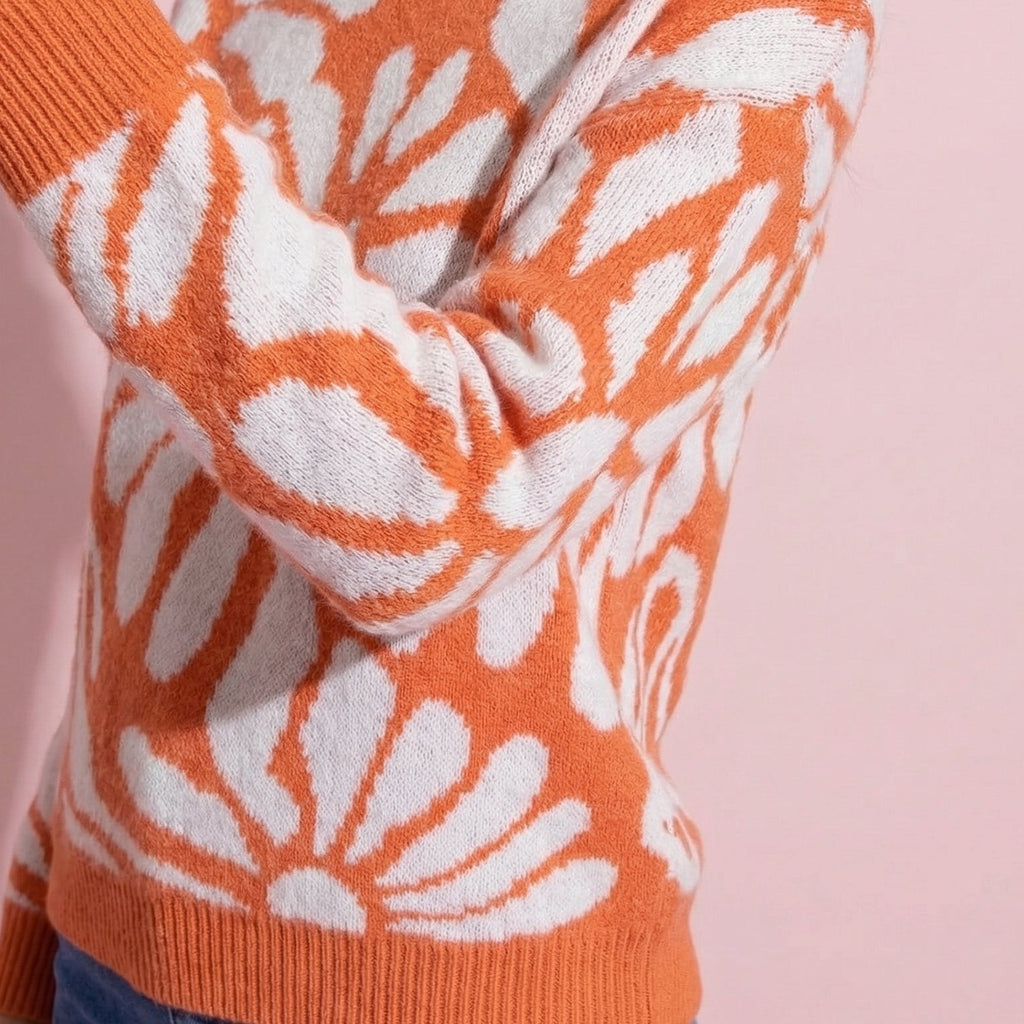 Anna-Kaci Women's Bold Abstract Floral Pattern Knit Sweater with Soft Textured Feel Ribbed Crew Neckline and Relaxed Silhouette