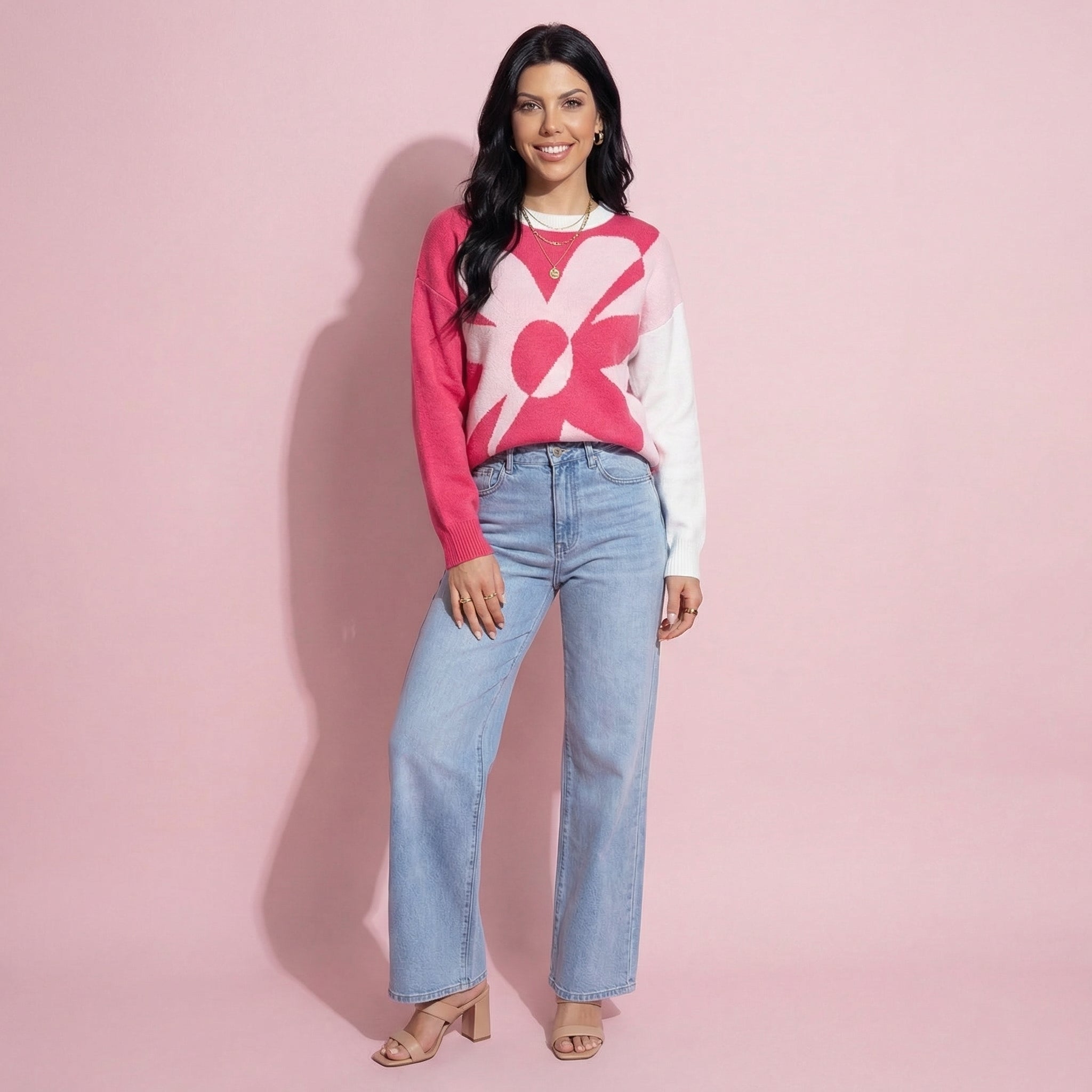 Anna-Kaci Women's Bold Graphic Floral Pattern Knit Sweater with Soft Crew Neckline and Relaxed Long Sleeve Pullover Fit