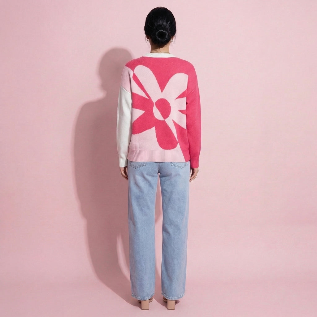 Anna-Kaci Women's Bold Graphic Floral Pattern Knit Sweater with Soft Crew Neckline and Relaxed Long Sleeve Pullover Fit