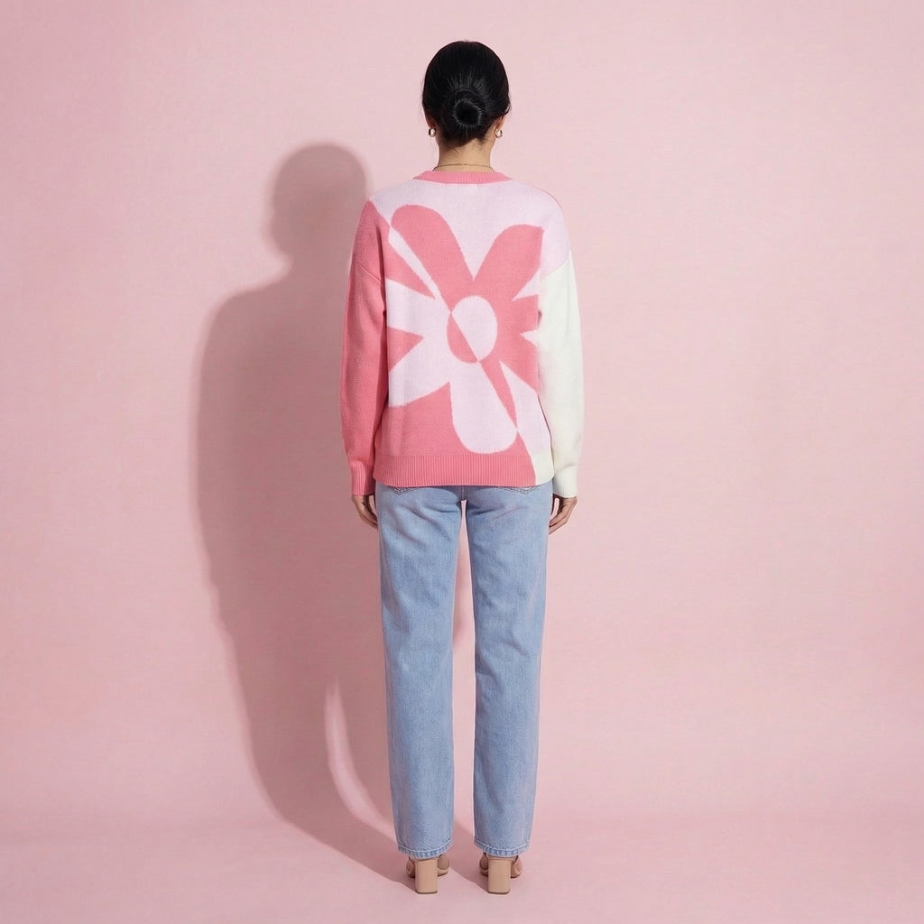 Anna-Kaci Women's Bold Graphic Floral Pattern Knit Sweater with Soft Crew Neckline and Relaxed Long Sleeve Pullover Fit