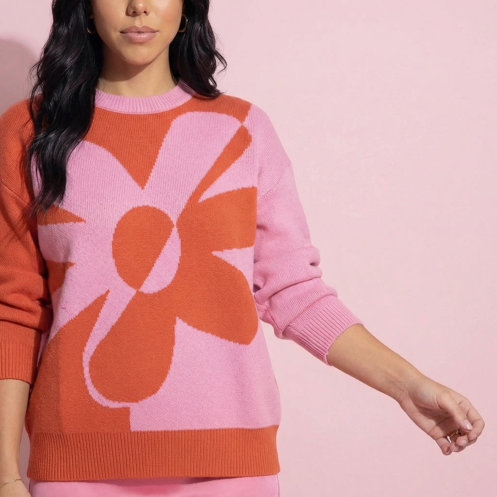 Anna-Kaci Women's Bold Graphic Floral Pattern Knit Sweater with Soft Crew Neckline and Relaxed Long Sleeve Pullover Fit